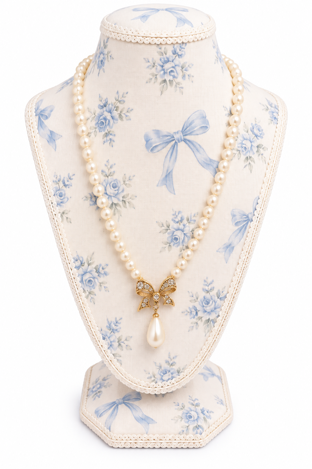 Vintage 1980s–1990s Ivory Faux Pearl Bow Pendant Necklace | Gold-Tone Rhinestone Ribbon Jewelry