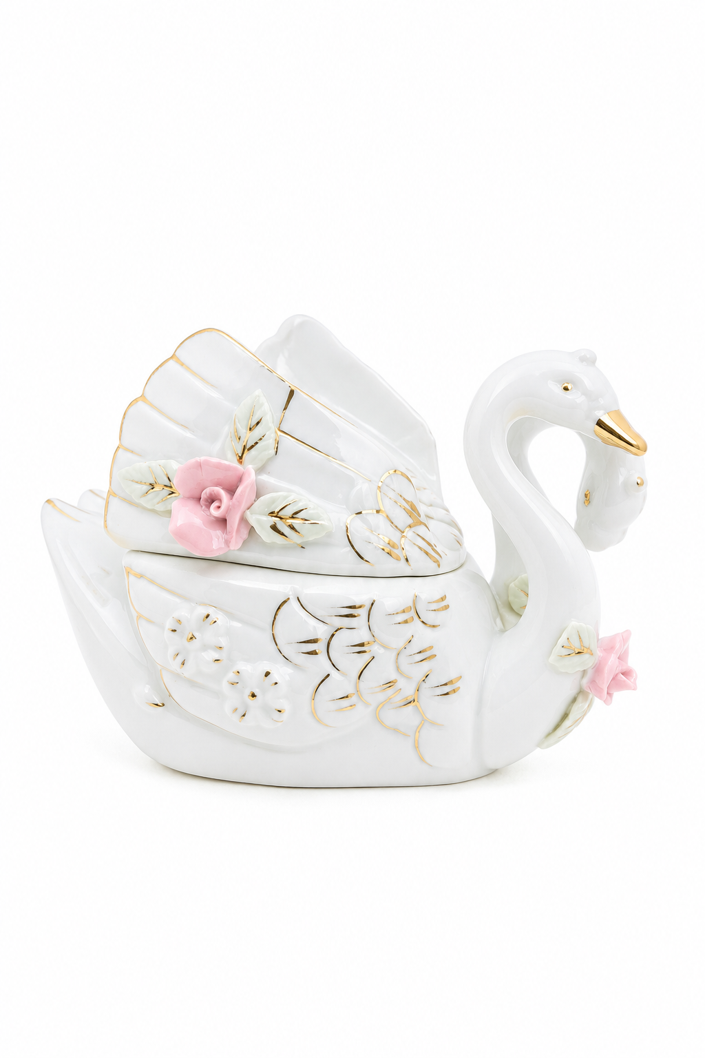 Vintage 1950s White Porcelain Double Swan Trinket Box | Pink Roses & Gold Gilt | Lidded Jewelry Box | Romantic Vanity Decor