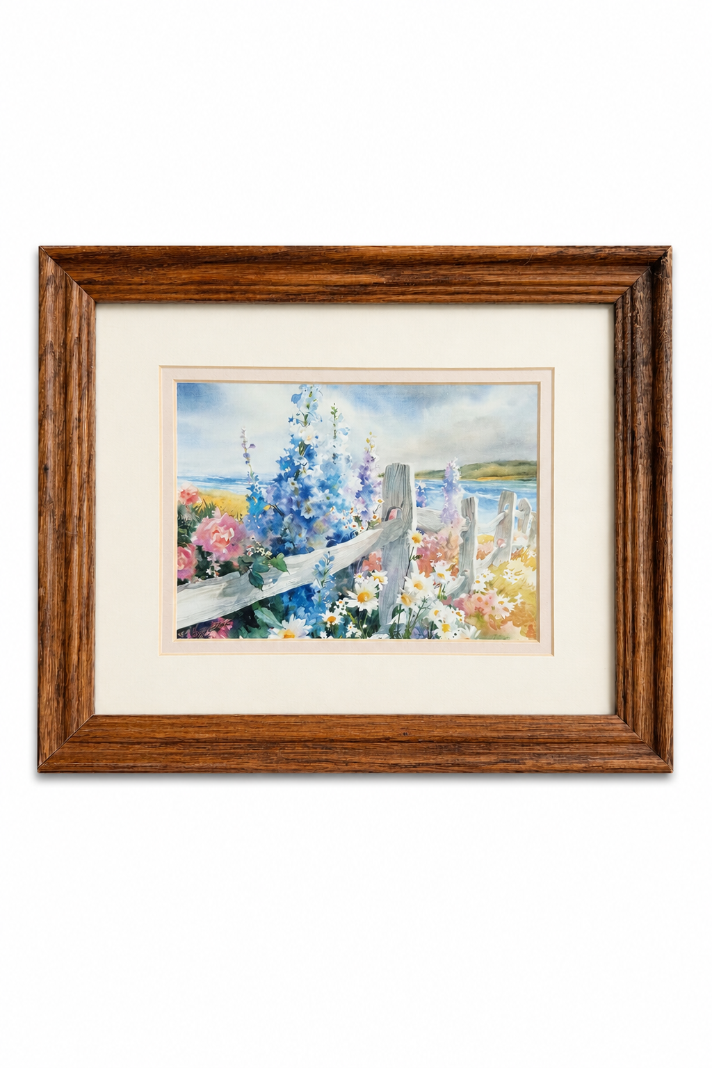 Vintage “Seaside Fence” Framed Art Print | Coastal Cottage Wall Art | Wooden Frame
