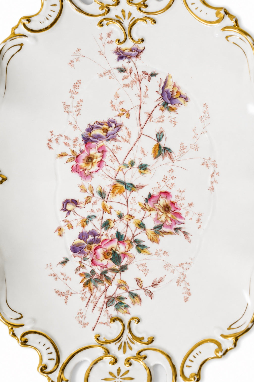 Antique KPM Germany Porcelain Handled Serving Bowl | Floral Gold Gilt Vanity Tray | Large German Porcelain Centerpiece