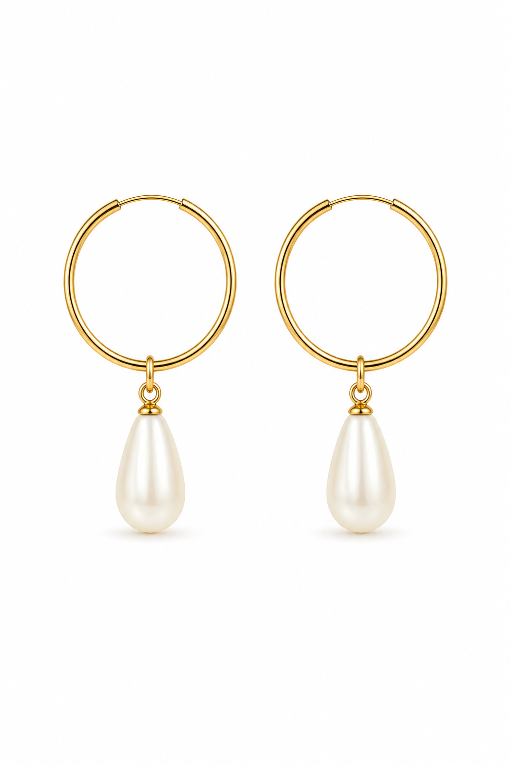 Dainty Gold Hoop Earrings with White Teardrop Faux Pearl Charms | Romantic Minimalist | 1.5”