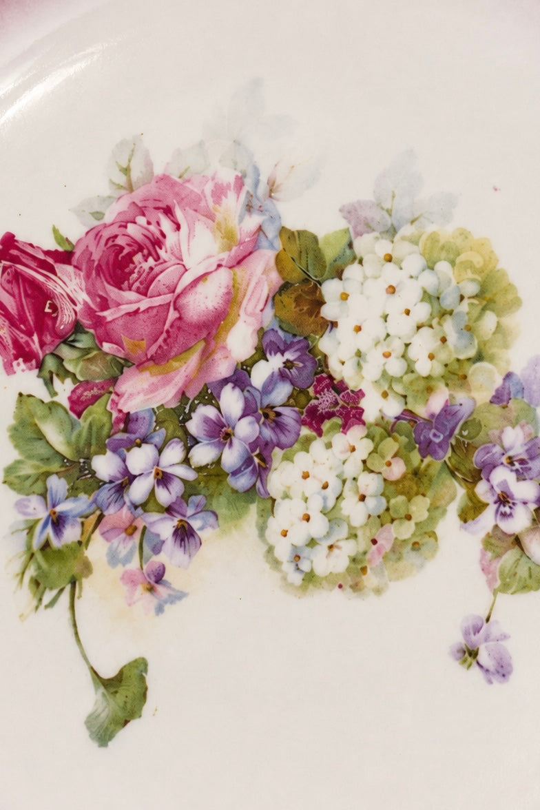 Antique German Porcelain Floral Serving Bowl – Pink Roses Purple Flowers Hand Painted 1890s–1920s