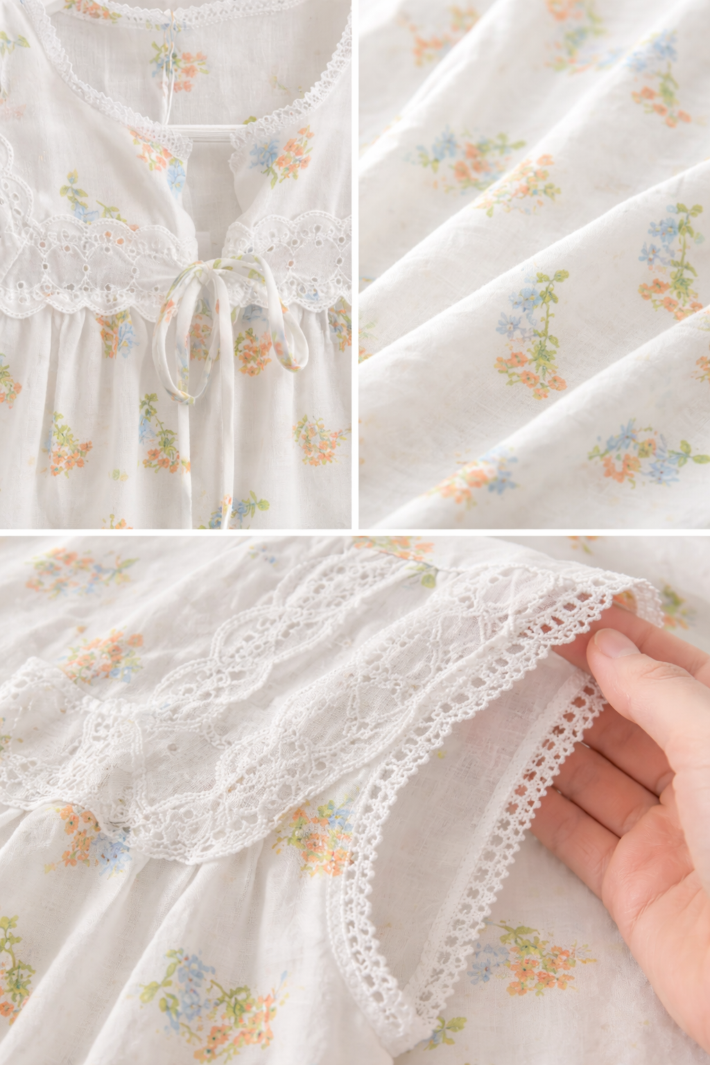 Vintage Floral Cotton Nightgown | Orange Ditsy Print, Lace Detail, Soft Cottagecore | Size S–M