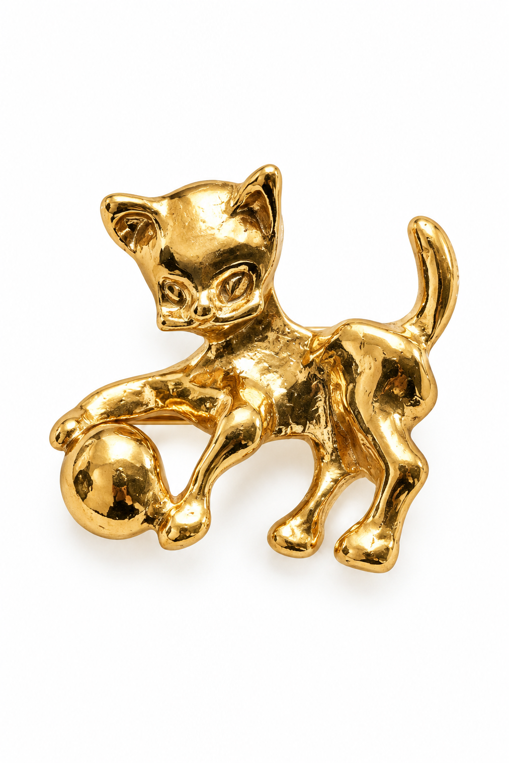 Vintage 1980s–1990s Playful Gold-Tone Kitten with Ball Lapel Pin