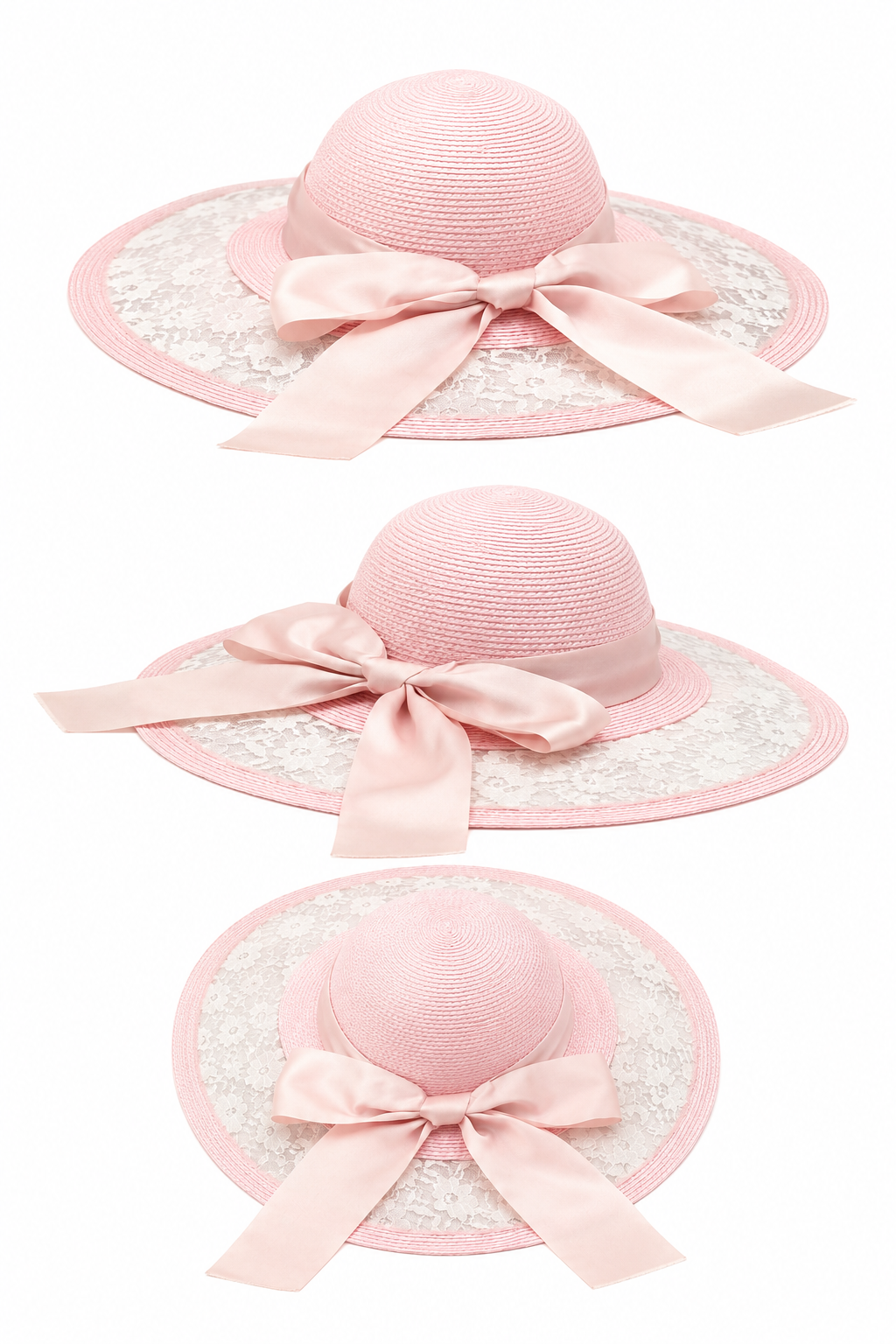 Vintage-Inspired Pink Wide Brim Hat | Lace Sun Hat with Satin Bow | Romantic Cottagecore Tea Party Hat