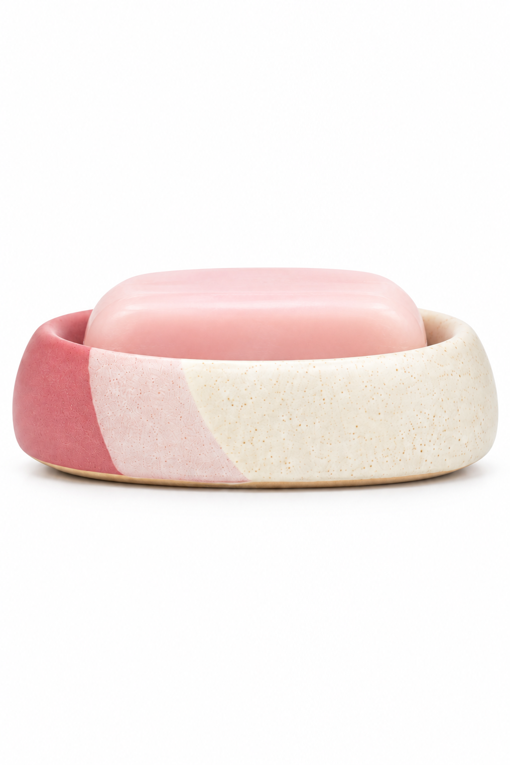 Handmade Ceramic Soap Dish – Pastel Pink & Cream Color Block Speckled Stoneware