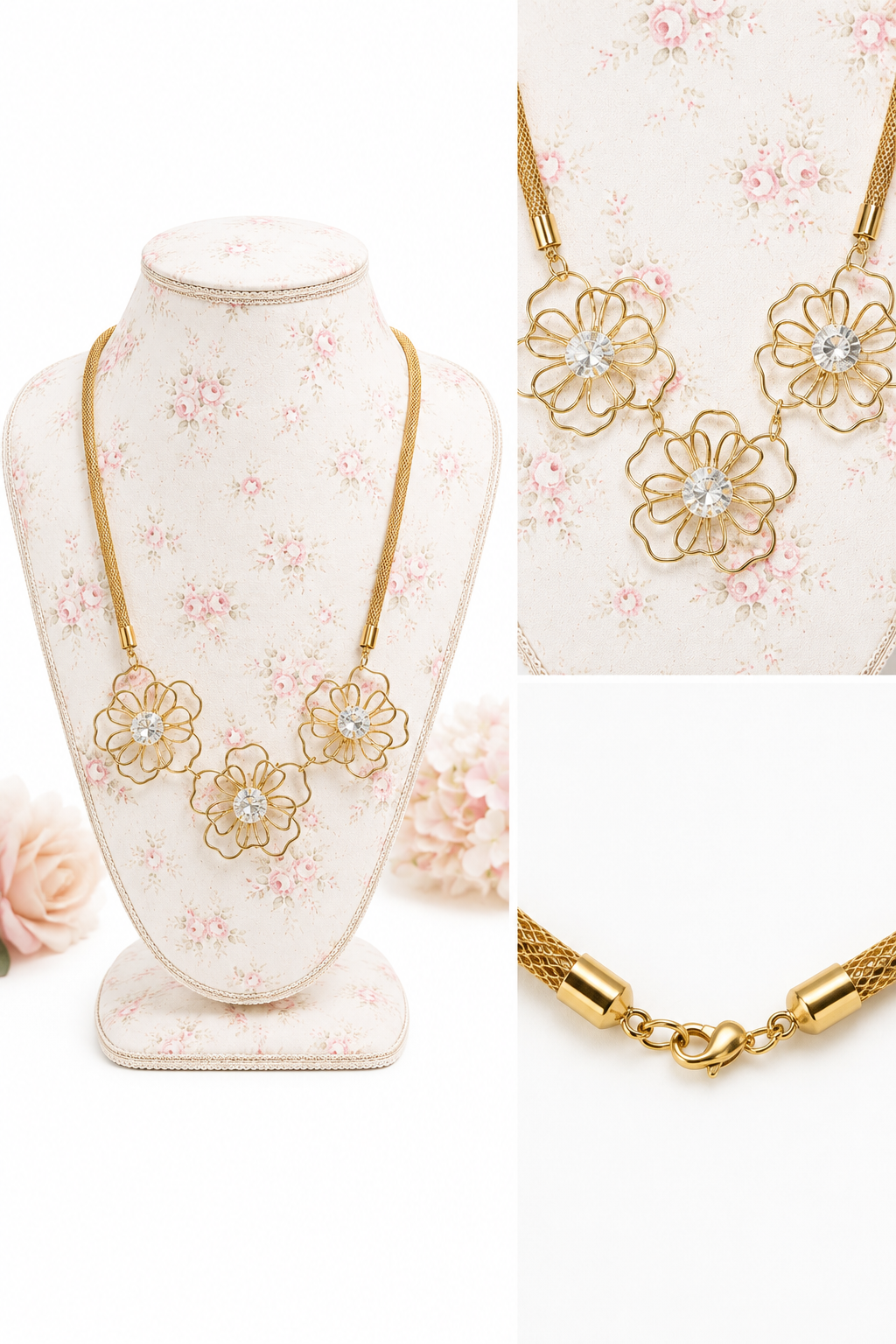 Vintage 1980s SFB Shofel Bros New York Gold-Tone Wire Flower Rhinestone Statement Necklace