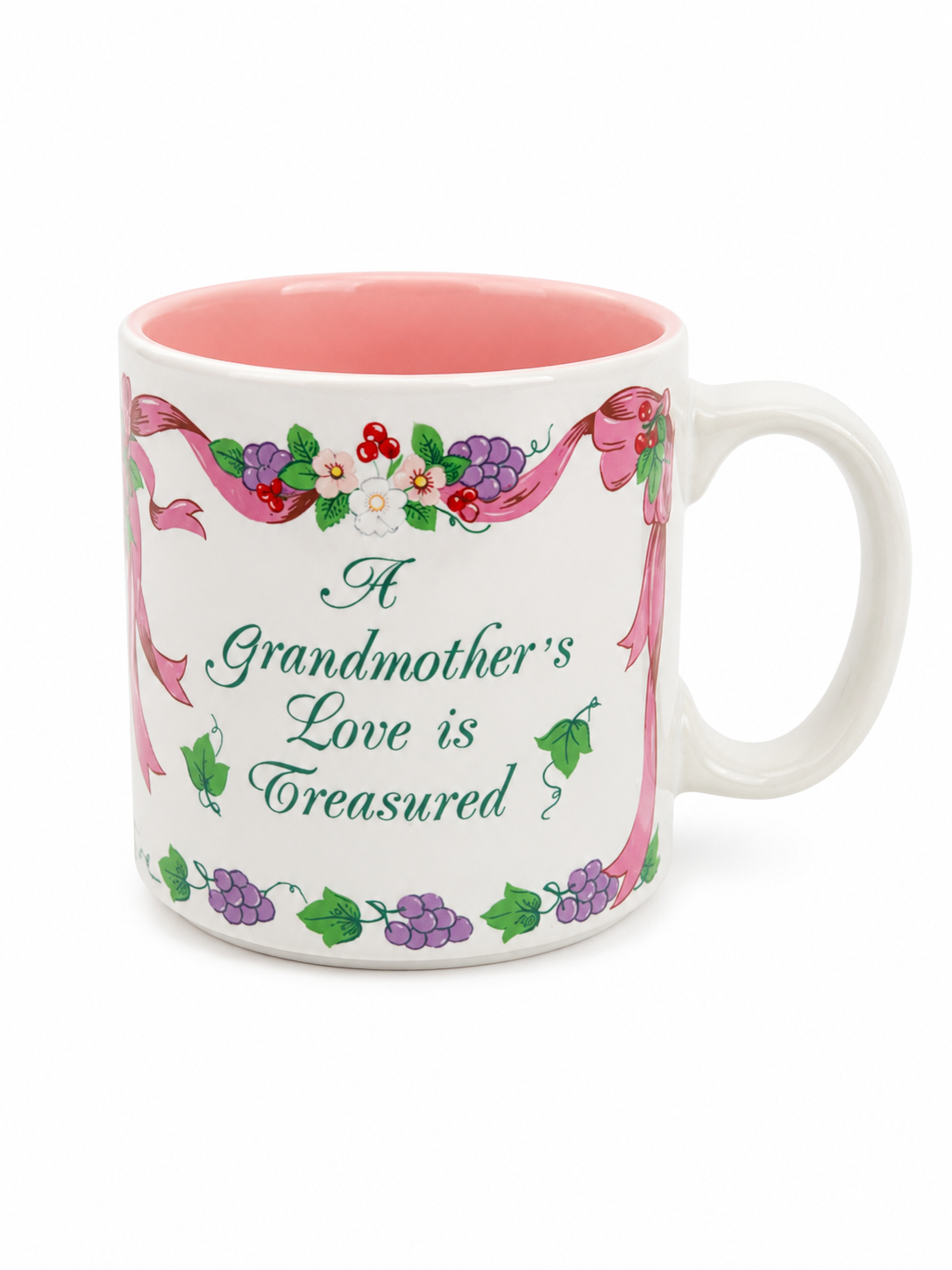Vintage 1980s–1990s “A Grandmother’s Love Is Treasured” Floral Ceramic Mug – Pink Bow & Grape Design