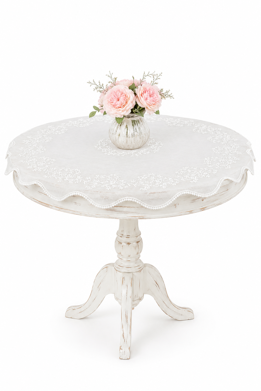 Vintage Round Embroidered Table Topper | 41” Lace Tablecloth