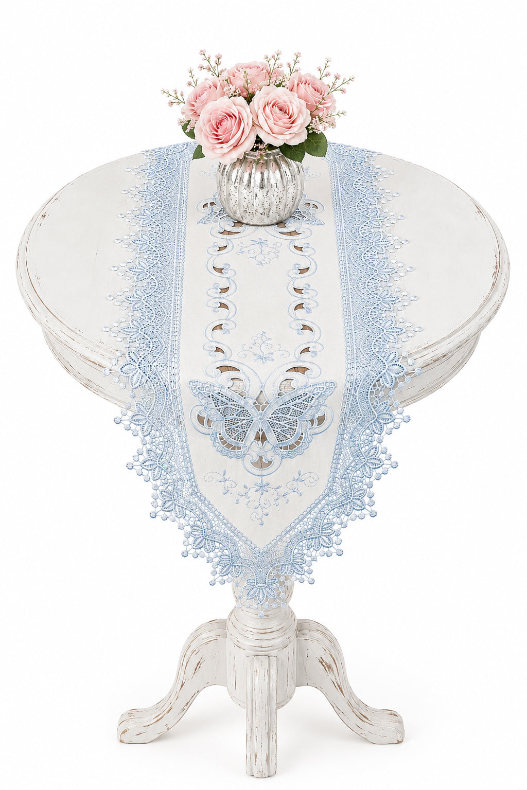 Vintage Blue Butterfly Lace Table Runner | Embroidered Cutwork Table Topper | Romantic Cottage Decor
