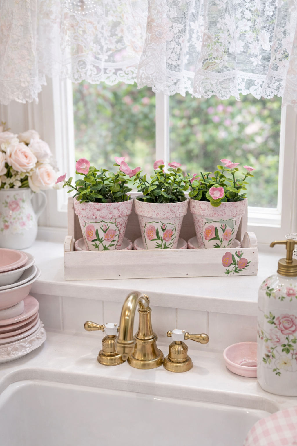 Set of 3 Floral Mini Planters with Wooden Tray | Cottage Garden Herb Pots