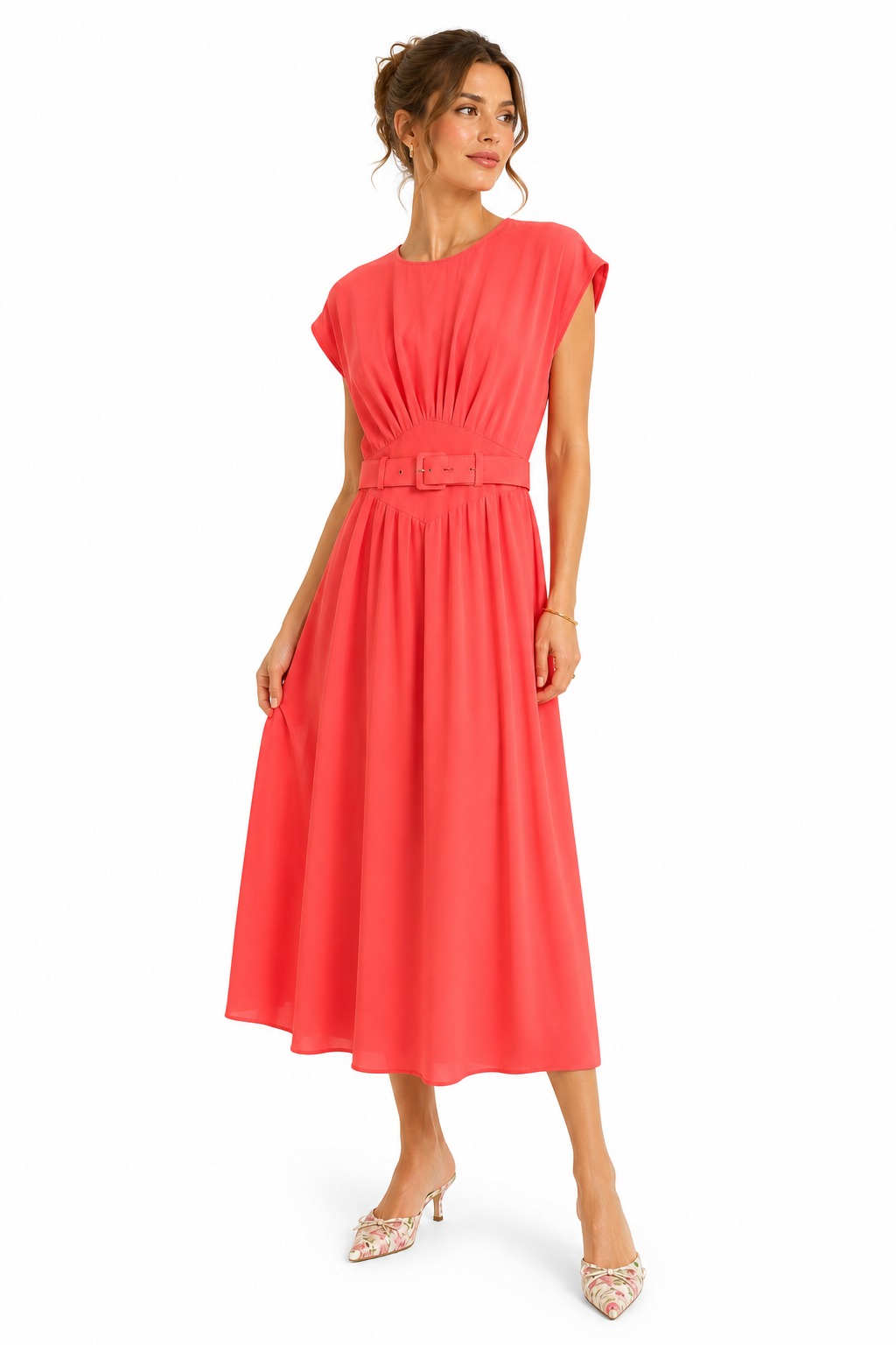 Vintage 1980s Nina Piccalillio Coral Orange Midi Dress - Belted Flowing Dress | Size 4 | Made in USA