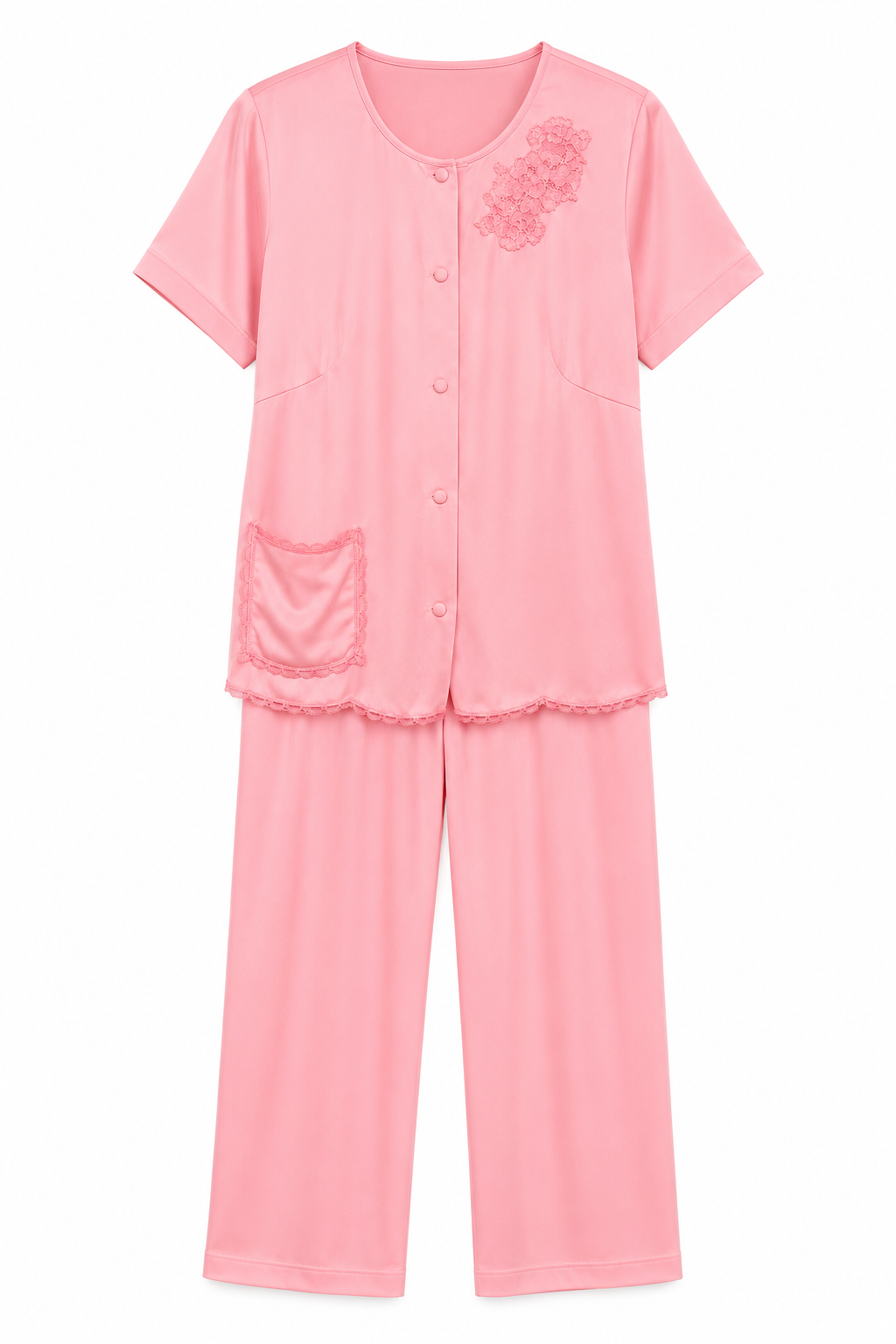 Vintage Shadowline Pink Lace Pajama Set – Short Sleeve Button Front Sleepwear – Size Small