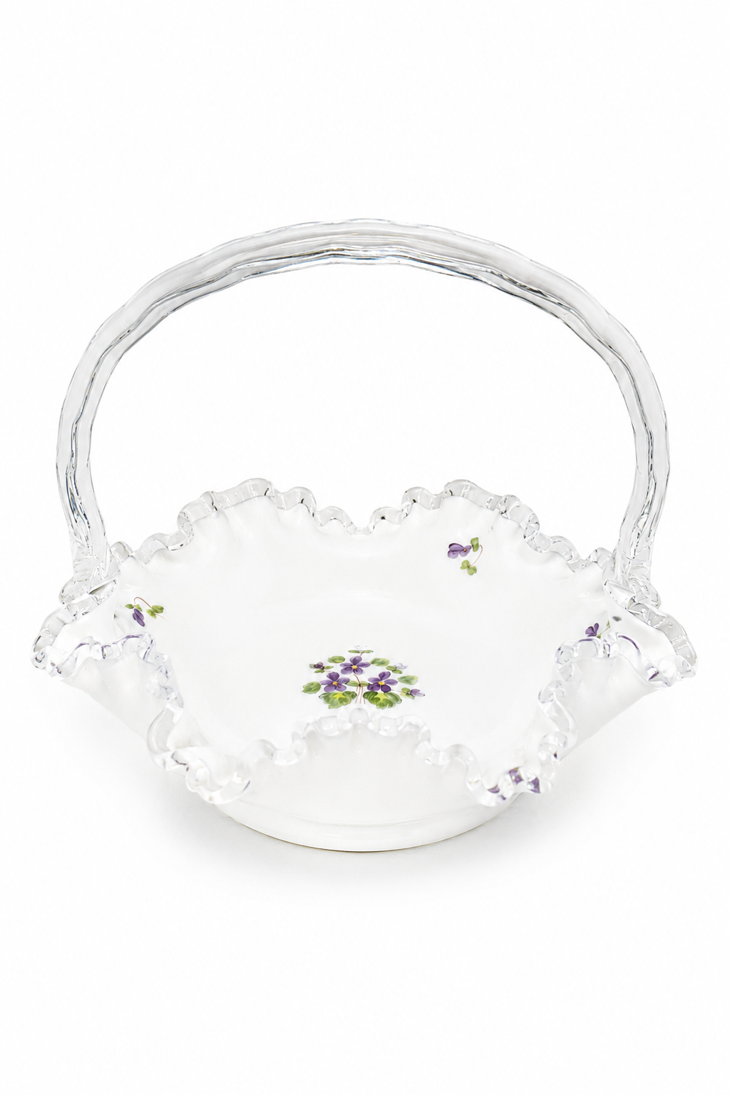 1960s-80s Vintage Westmoreland Glass Violets Floral Brides Basket – Milk Glass Ruffled Clear Edge