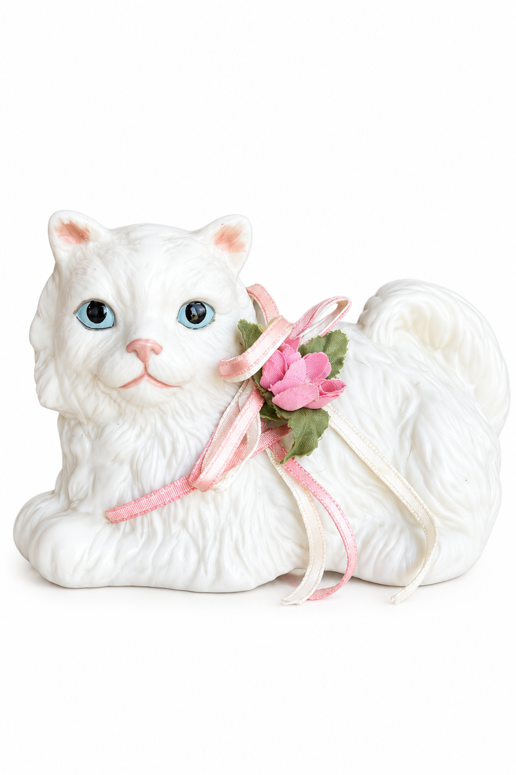 Vintage 1970s–80s White Ceramic Persian Cat Figurine – Pink Ribbon & Rose