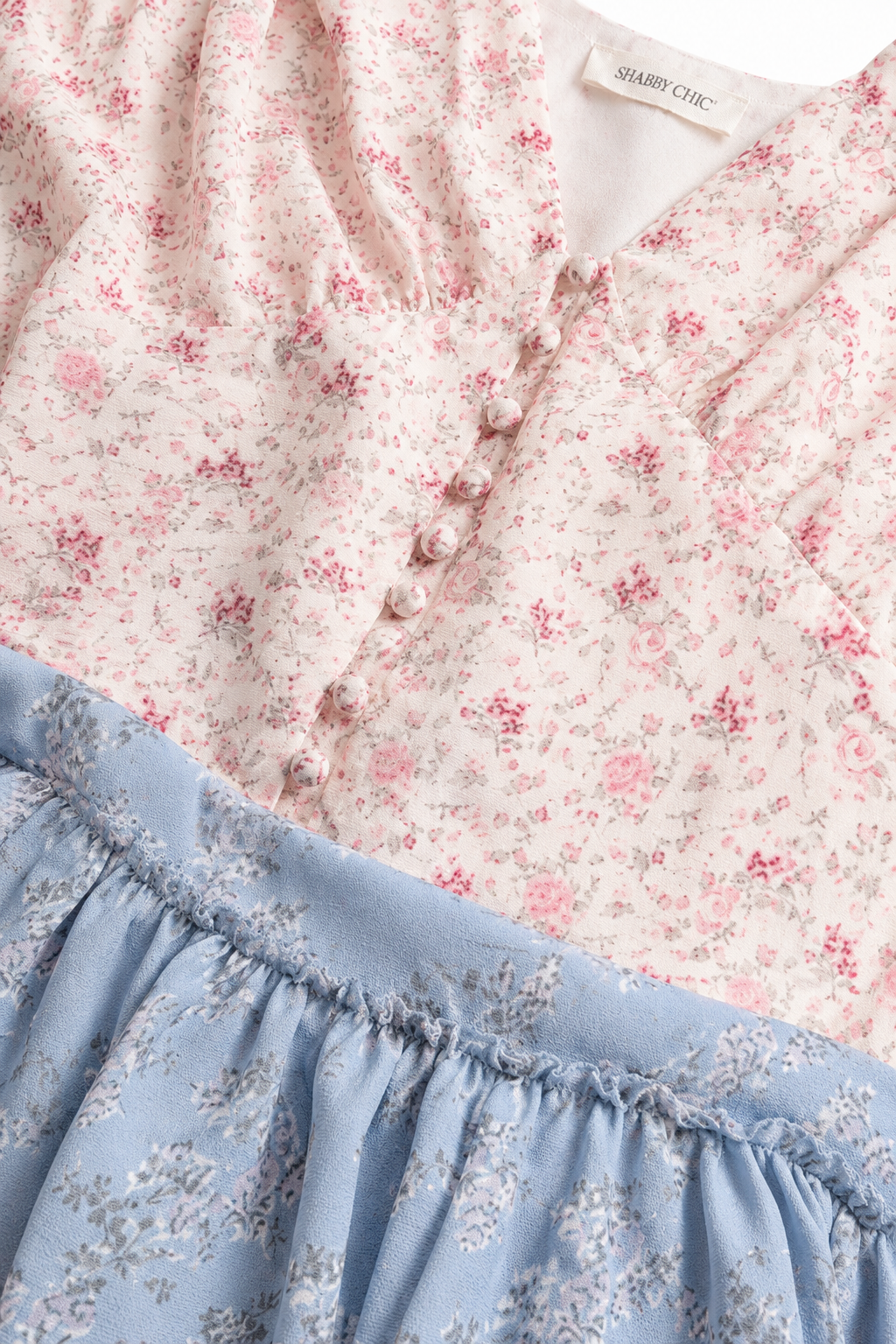 Shabby Chic Floral Ruffle Mini Dress | Cottagecore Blue & Pink Dress | Size Large