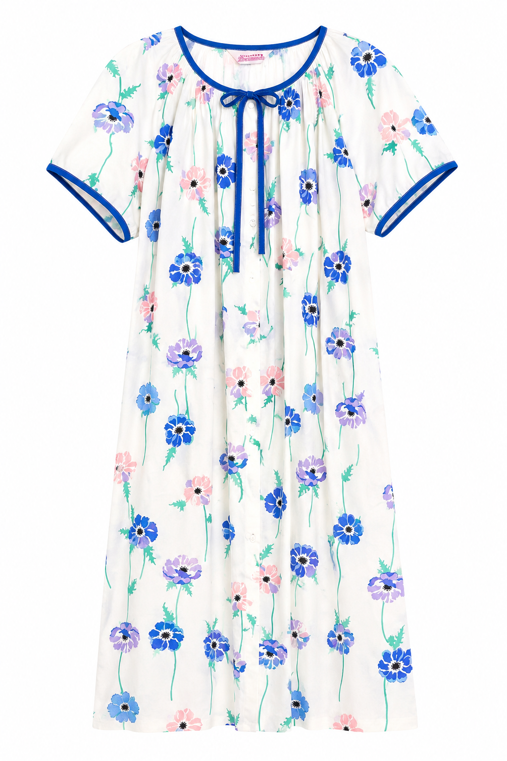 Vintage Dream Coats Floral Housecoat Nightgown | Blue Pink Flower Button Front Lounge Dress – M/L