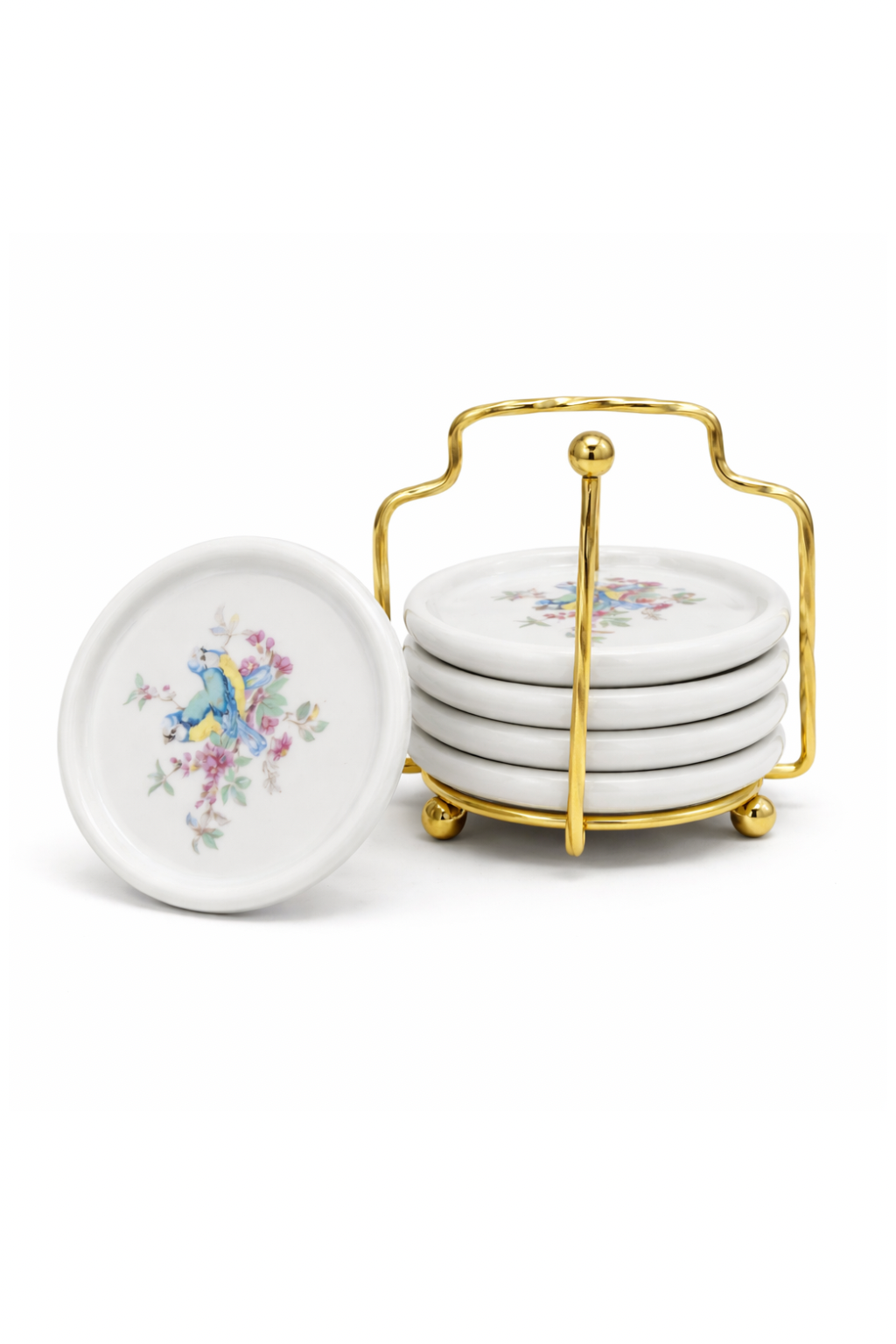 Vintage Coaster Set with Holder | Set of 4 Decorative Drink Coasters