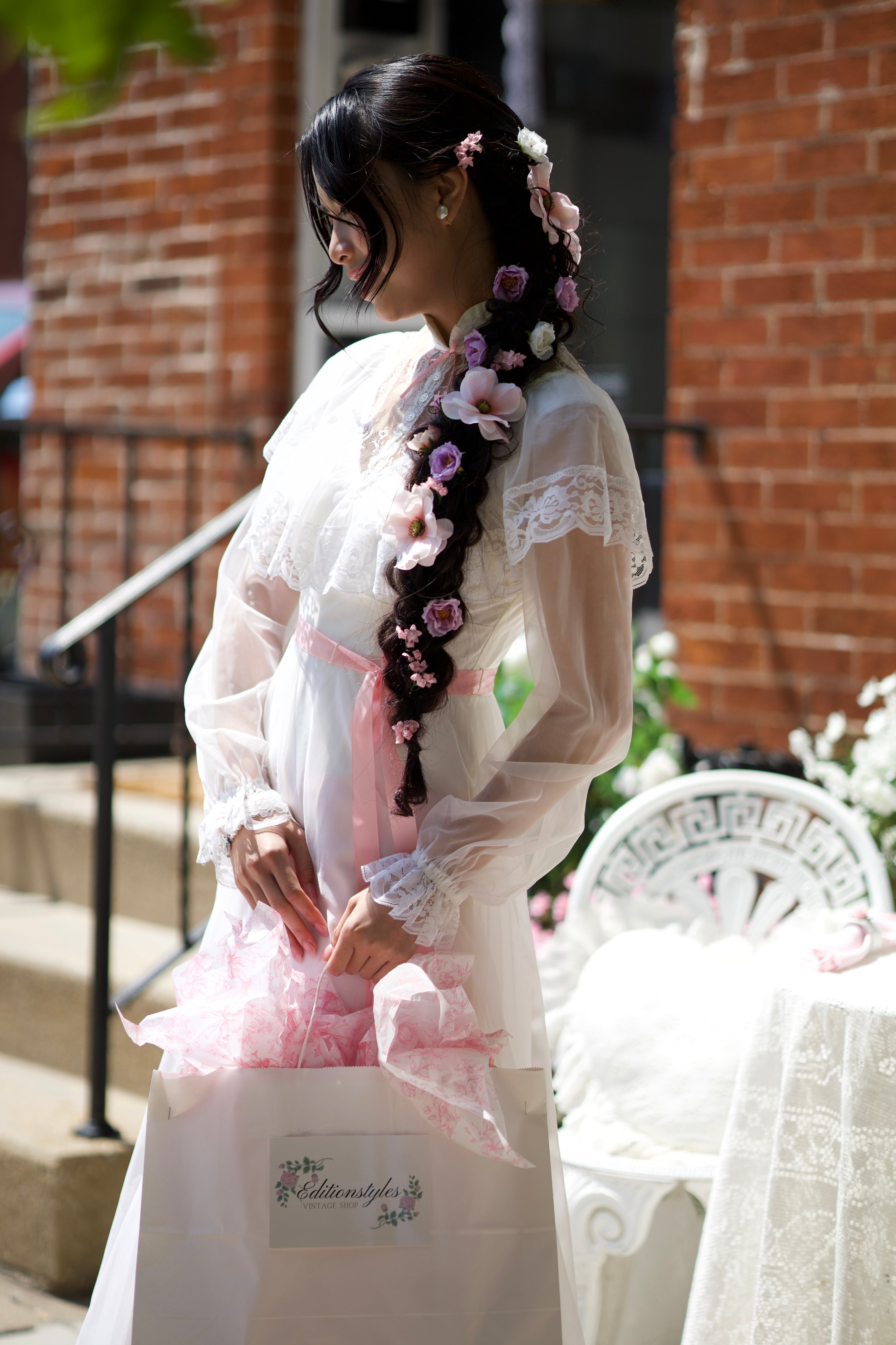 Vintage 1970s Ivory Prairie Dress Pink Ribbon Lace Romantic Bridal Wedding Dress XS/S Handmade