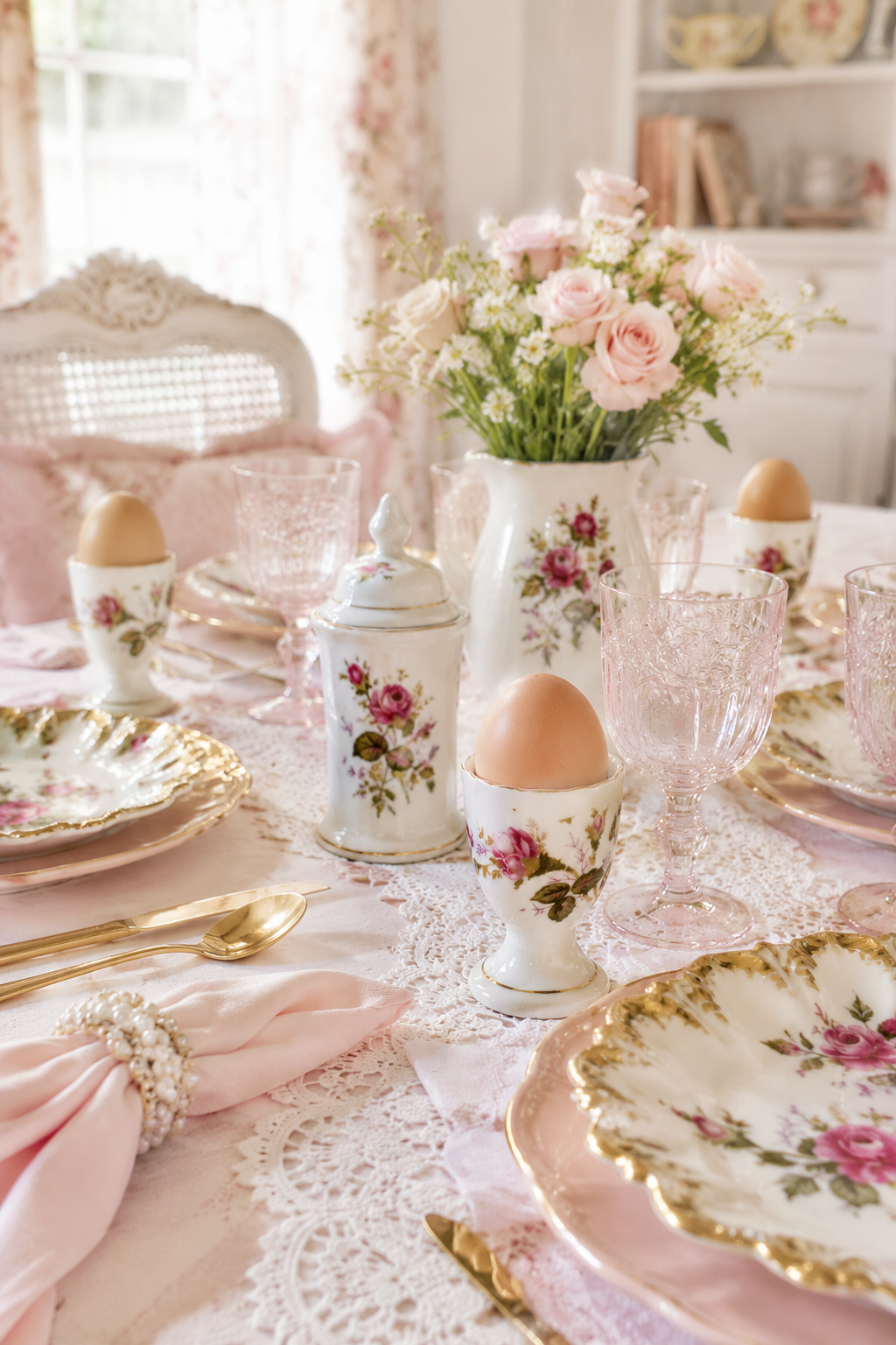 Vintage Mid-Century Pink Rose Porcelain Egg Cups – Set of 5 | 1940s–1960s