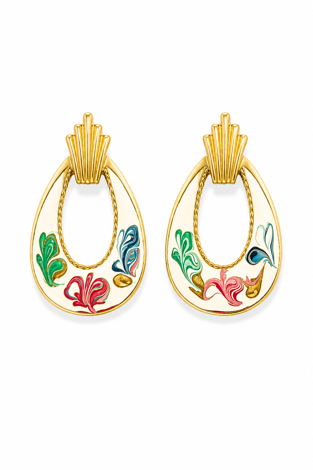 Vintage 1980s Enamel Statement Stud Earrings | Gold Tone Floral Drop Earrings