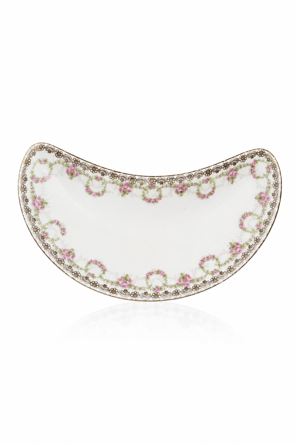 Antique 1884–1909 Moritz Zdekauer Austria Porcelain Crescent Bone Dish | Pink Rose Garland | Gilt Trim Vanity Dish