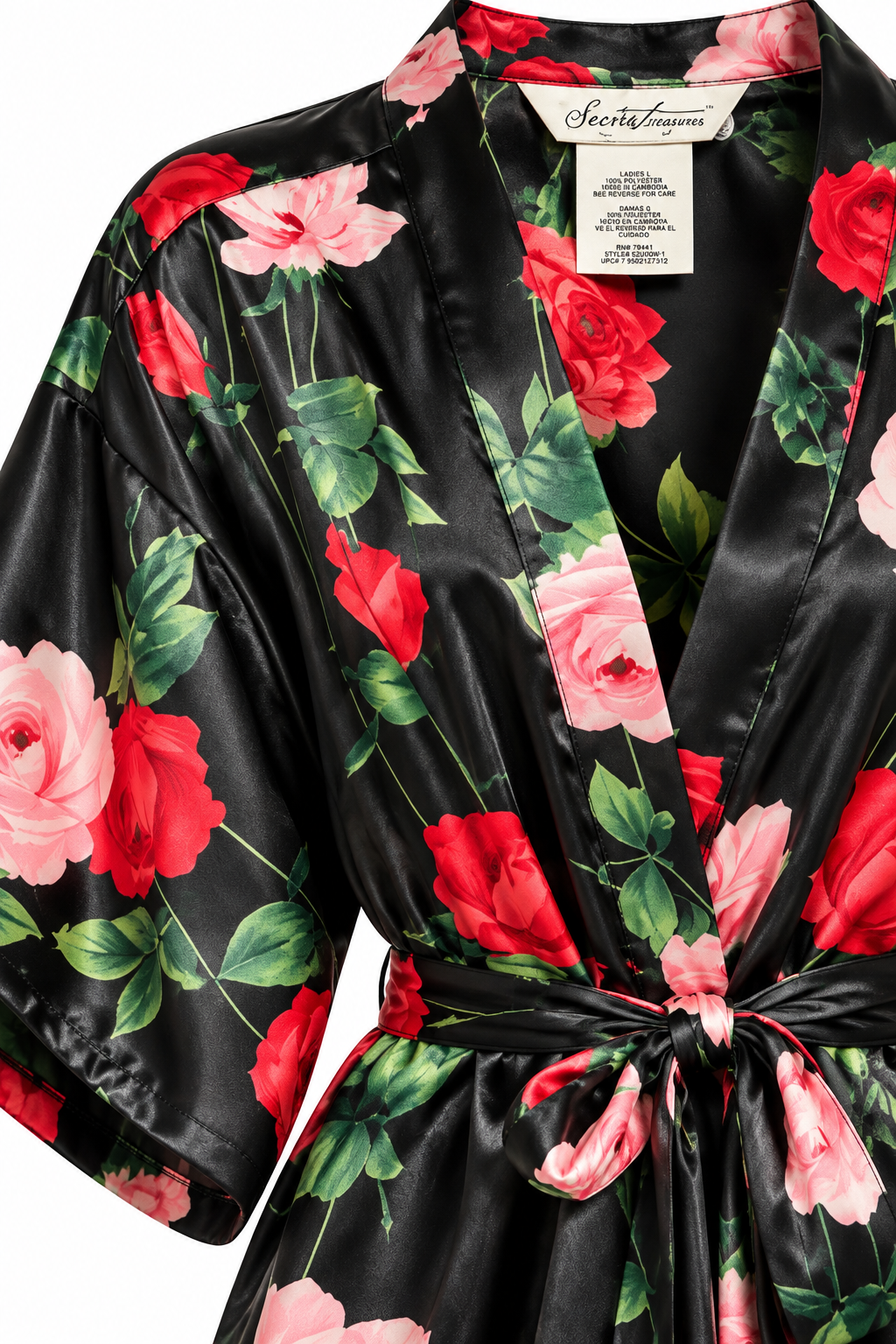 Secret Treasures Black Satin Rose Print Short Robe – Red & Pink Floral – Size Large