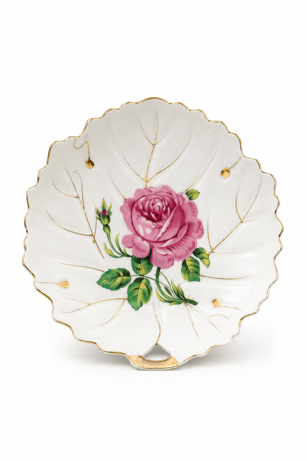 1940s Nasco Japan Leaf-Shaped Ceramic Serving Dish | Pink Rose & Gold Trim | Vintage Display Plate | 7.5”
