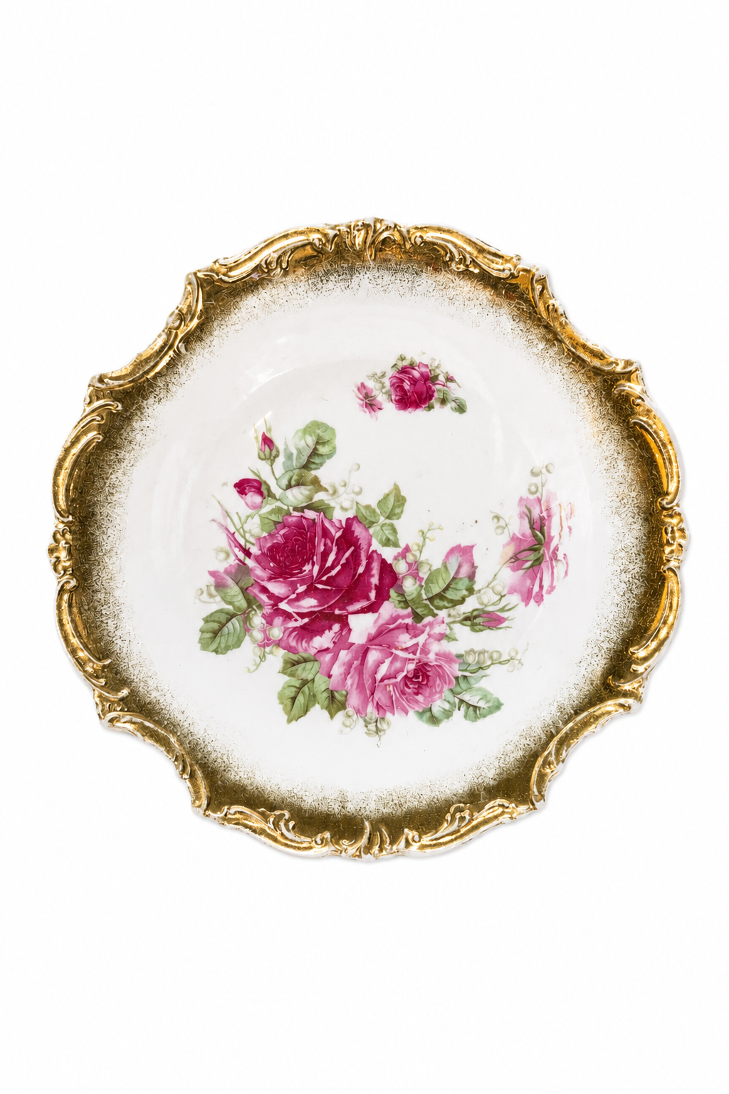 Vintage Rose Porcelain Bowl Plate with Ornate Gold Rim | Romantic Cottagecore Vanity Dish