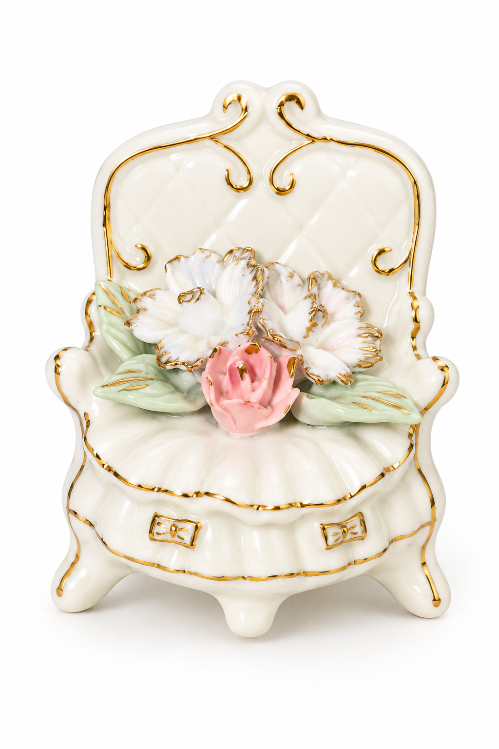 Vintage Miniature Floral Chair Figurine | Pink Rose & Gold Accent Vanity Décor