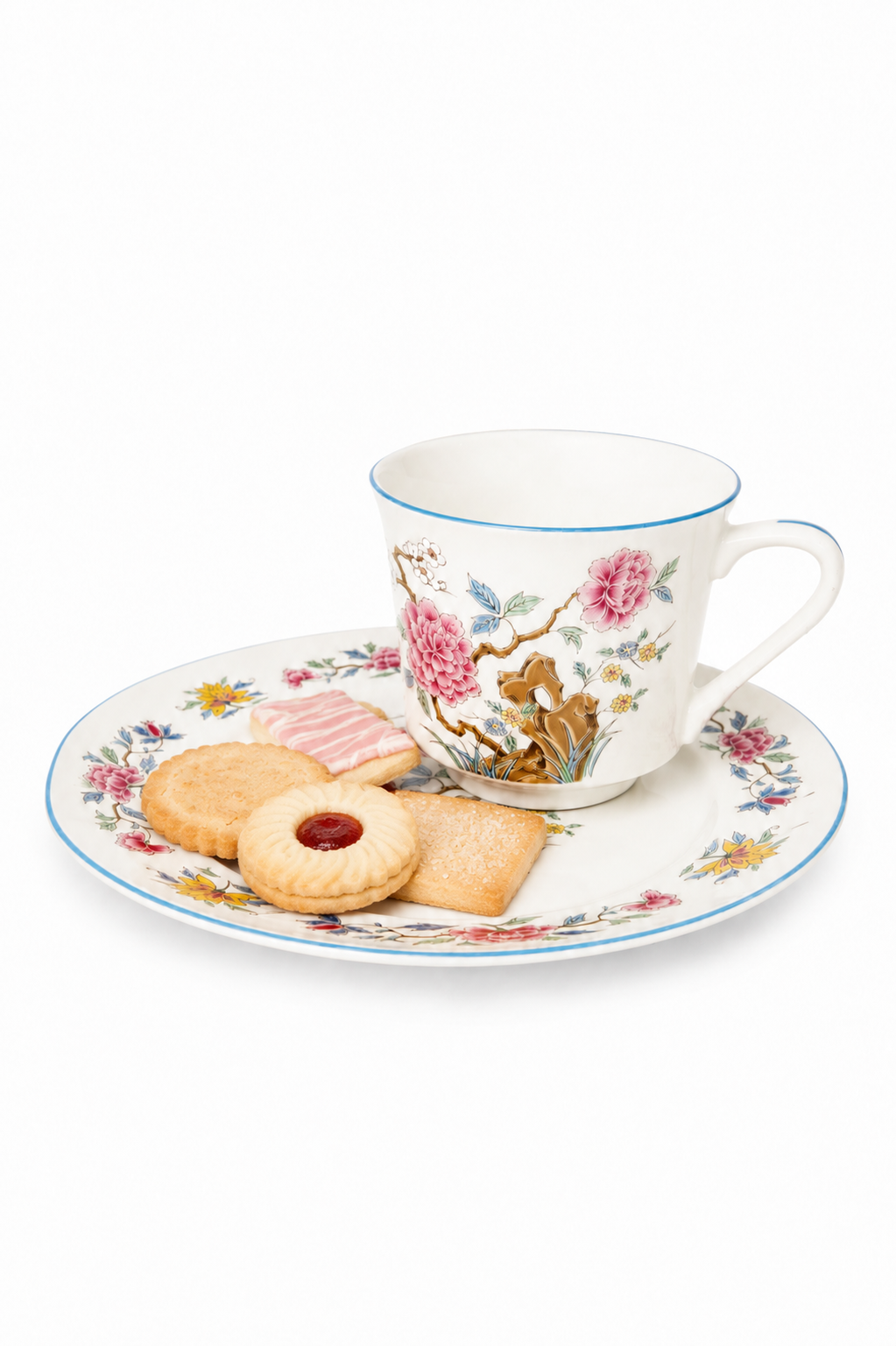 Vintage Floral Snack Set | Porcelain Teacup & Snack Plate Set | Pink Roses & Blue Trim | Tea Party Cottage Decor