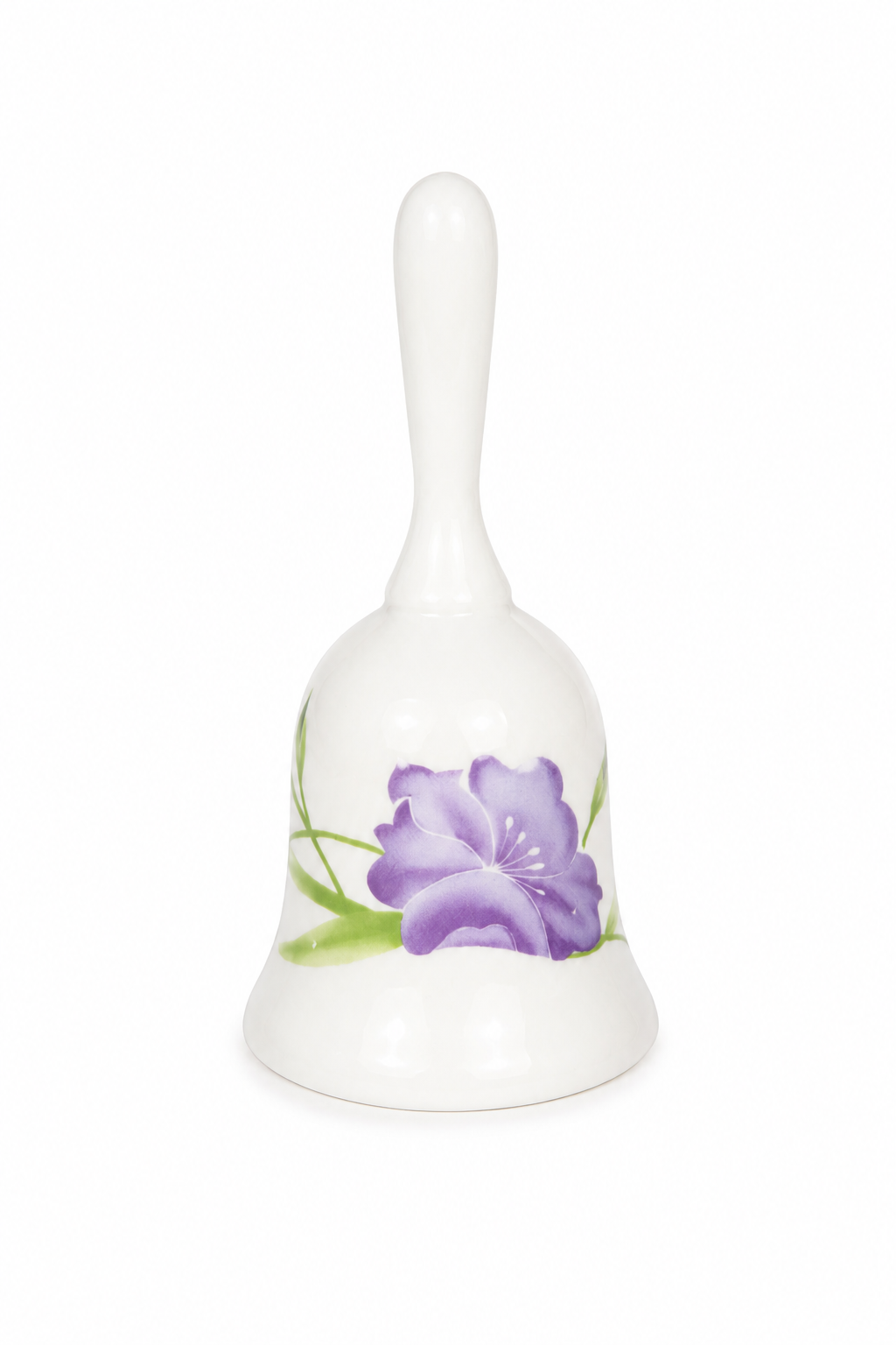 Vintage 1970s Taiwan Ceramic Floral Bell White Porcelain Hand Bell with Purple Flower | Cottage Decor | 5.5”