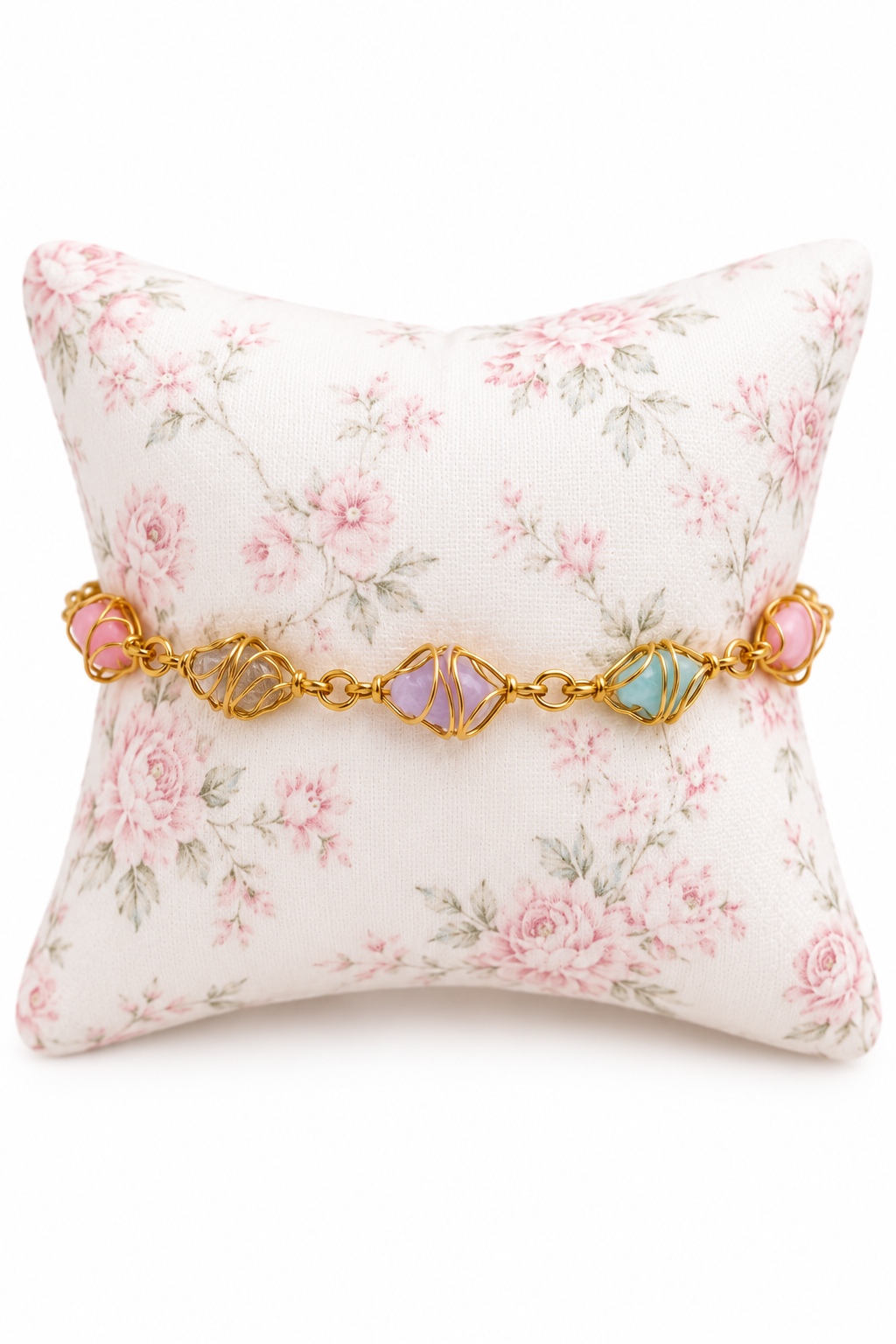 Vintage Multicolor Wire-Wrapped Stone-Style Bracelet – 8” Gold-Tone Pastel Beaded Jewelry