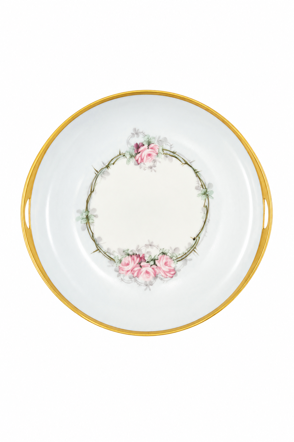 Antique 1900s Blue & Pink Rose Serving Plate | Gold Trim Floral Cottagecore Dish | Victorian Inspired Decor