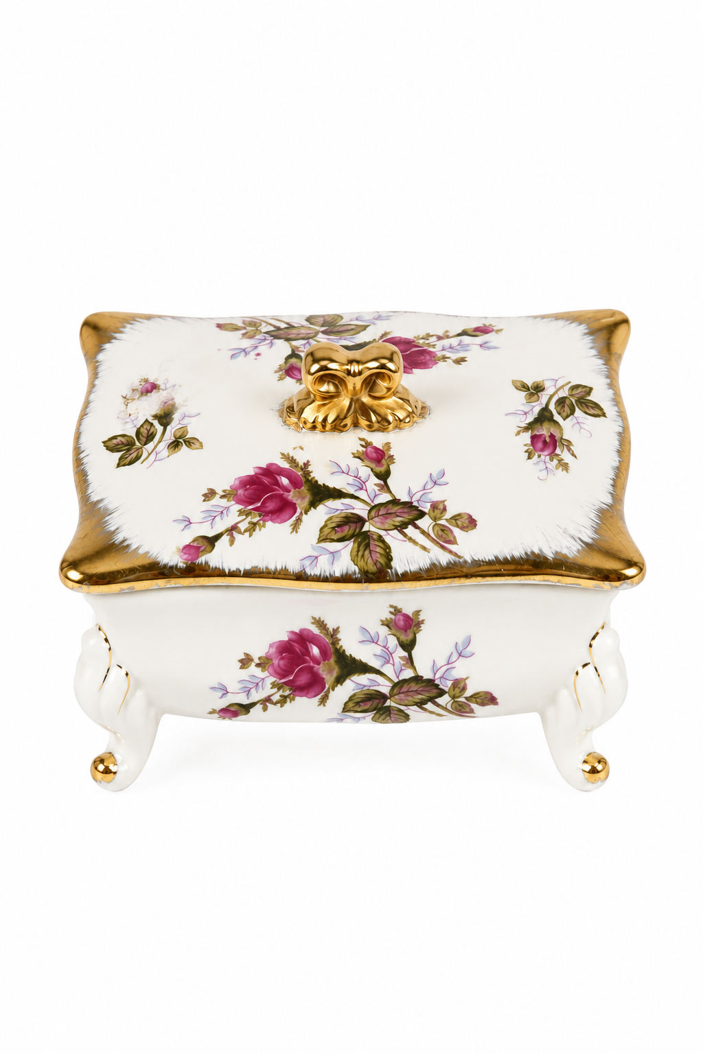 Vintage 1950s Pink Rose Porcelain Vanity Trinket Box | Gold Bow