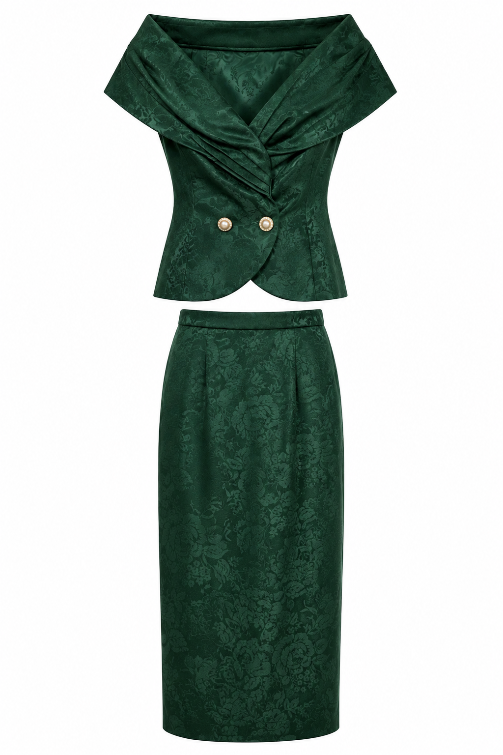 Vintage 1980s–90s Emerald Green Formal Two-Piece Skirt Set – Off-Shoulder Top | Fits XS–S