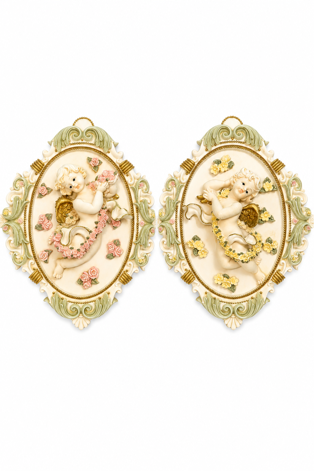 Vintage 1950s–1960s Cherub Angel Wall Plaques – Floral Rococo Wall Decor Set of 2