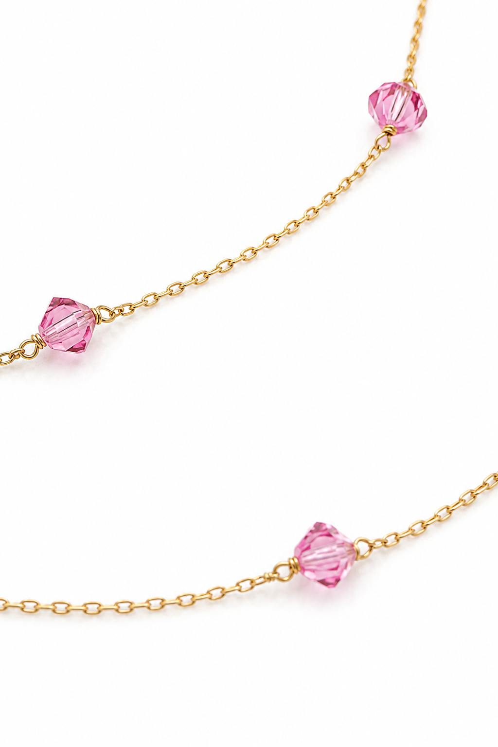 Vintage 1980s Gold Tone Pink Crystal Station Necklace – Delicate Tin Cup Style – 15”