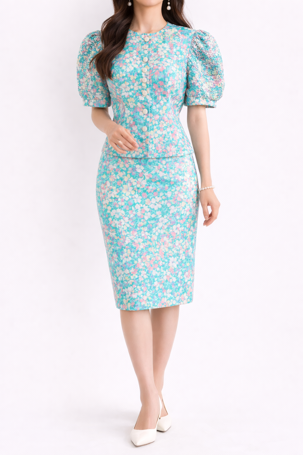 Garden Party 1980s Vintage Two-Piece Set | Pastel Floral Puff Sleeve Blouse & Skirt (XS–S)