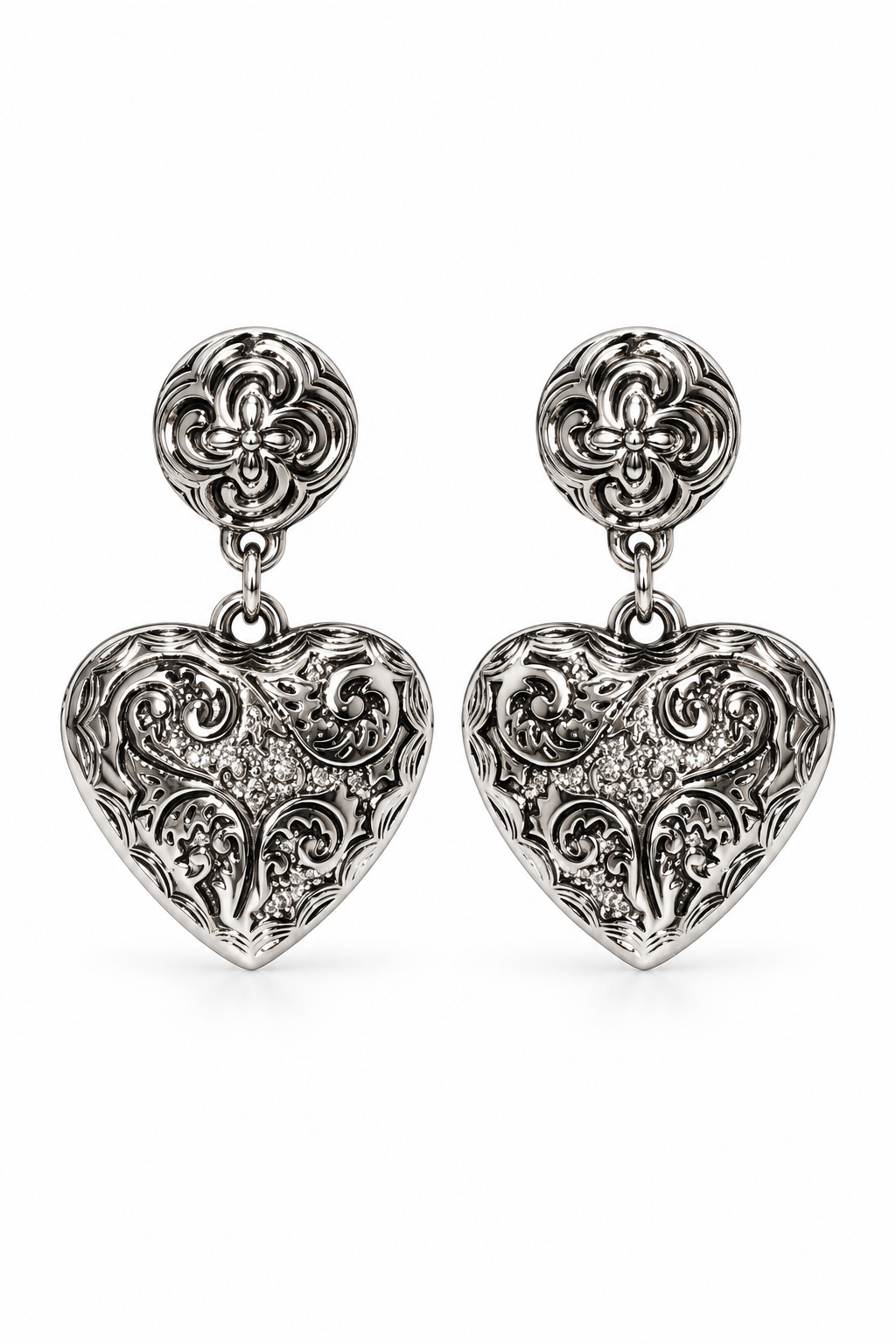 Vintage 1990s Avon Silver-Tone Ornate Heart Dangle Stud Earrings – Romantic Rhinestone Statement Earrings 1.5”
