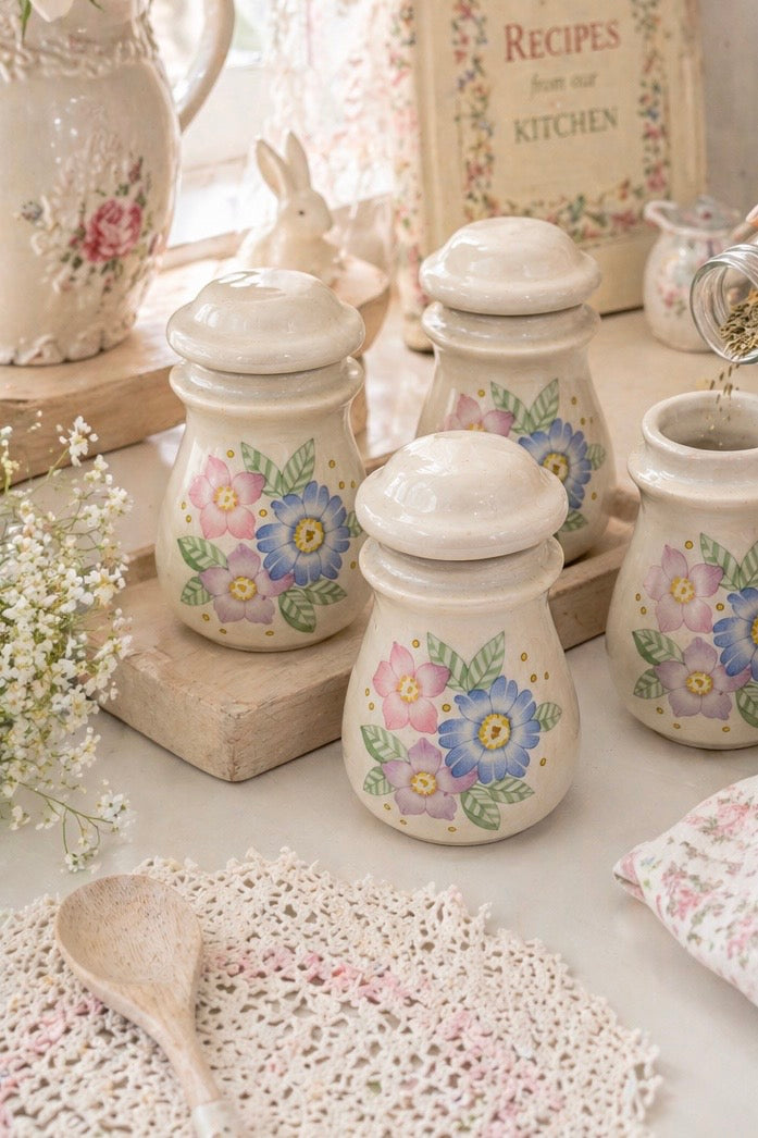 Vintage 1980s Wildflower Ceramic Spice Jar Set | Set of 5 Floral Kitchen Canisters with Lids