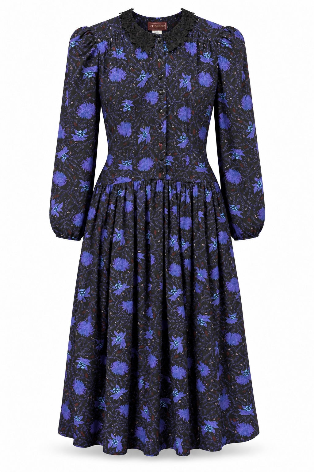 Vintage JT Dress Purple & Black Floral Button Front Midi Dress – Puff Sleeves & Shoulder Pads – Made in USA | M