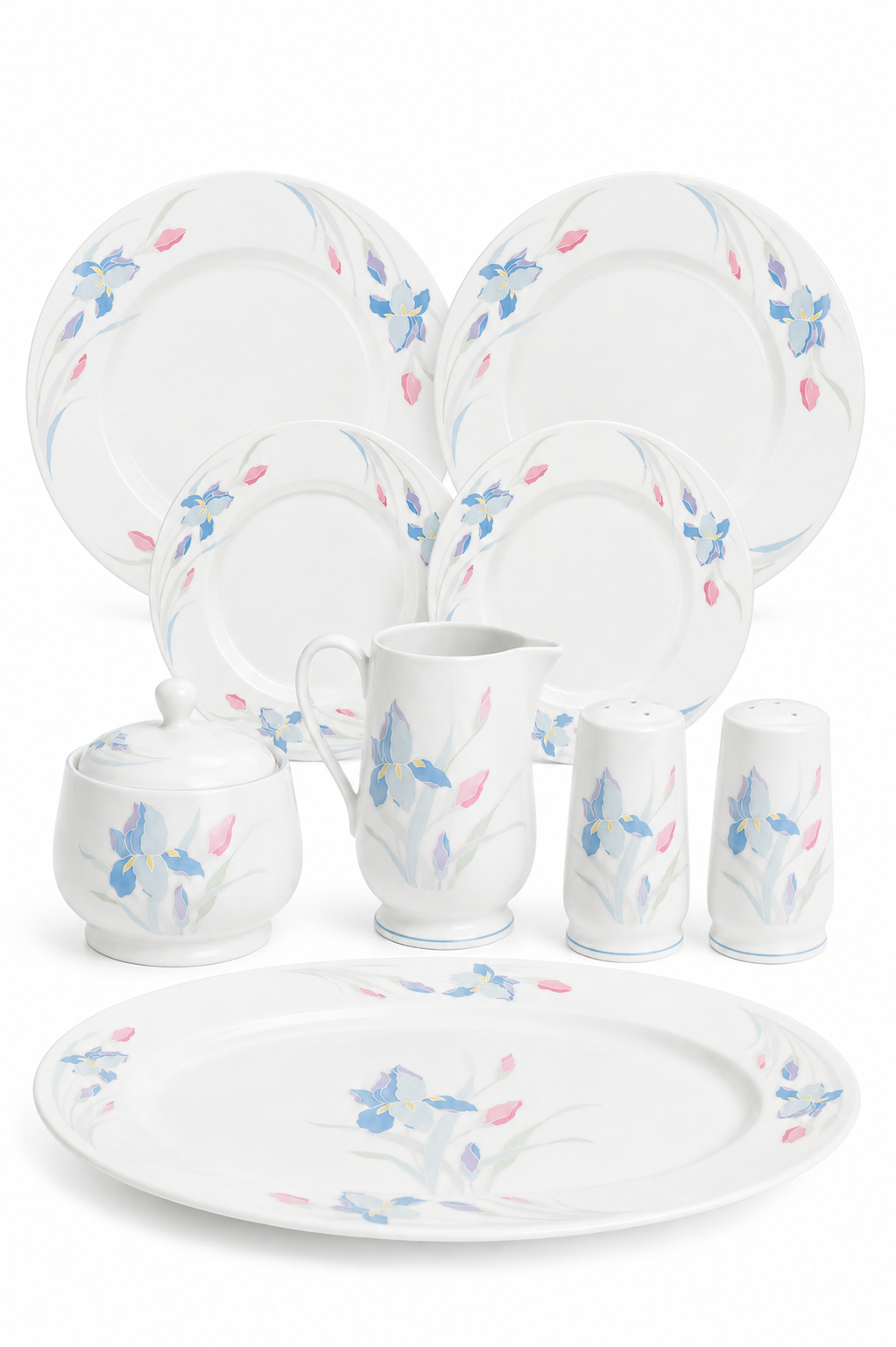 1980s Excel Pastel Iris Dinnerware Set | 9-Piece Vintage Serving Set | Floral Cottagecore Kitchenware