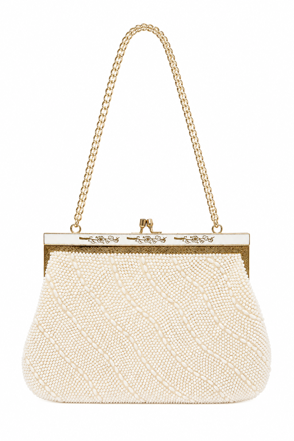Vintage Hong Kong White Beaded Clasp Shoulder Bag | Beaded Evening Purse | Gold Chain Handbag