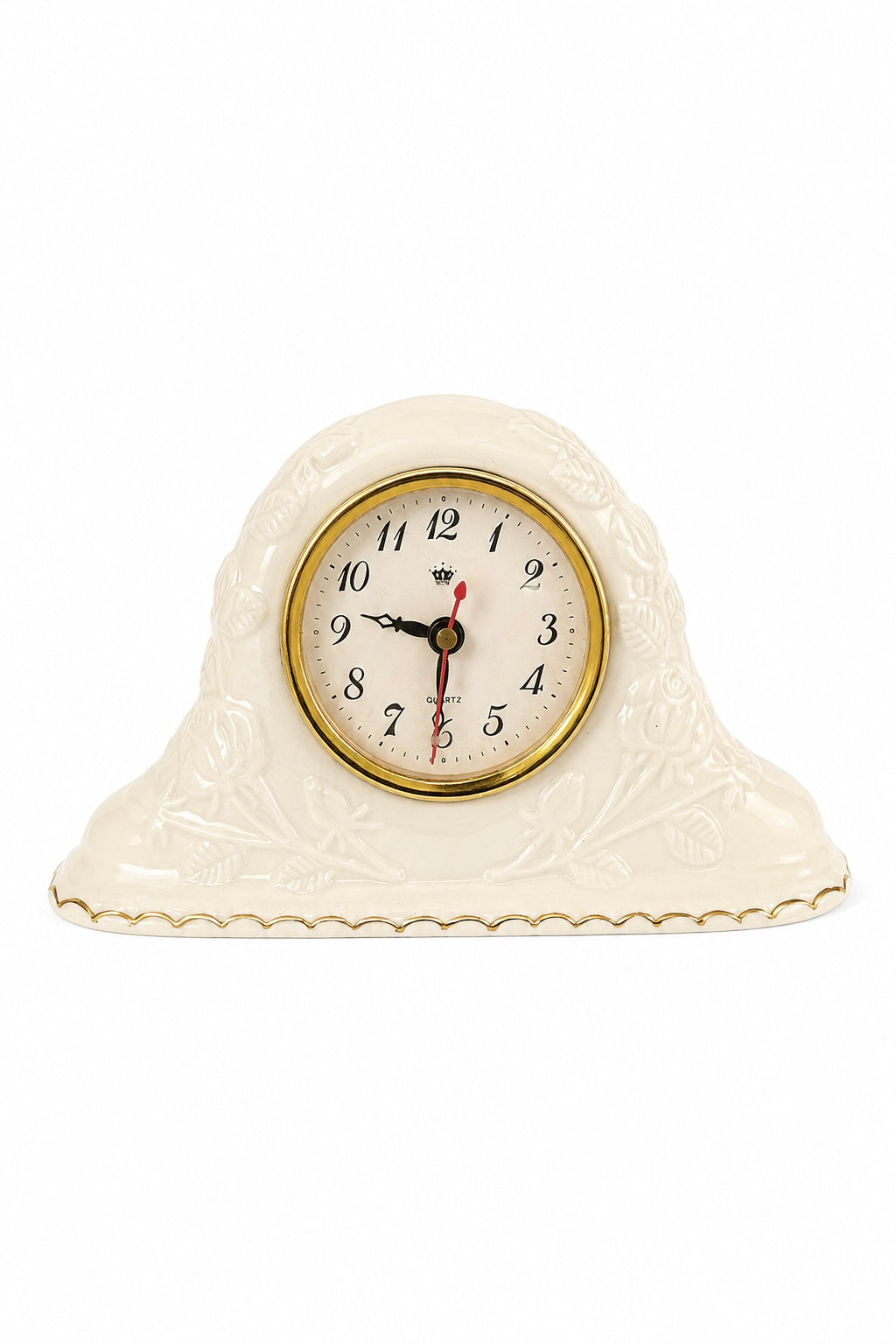 Vintage Cream Ceramic Mantel Clock | Floral Embossed Fireplace Shelf Clock