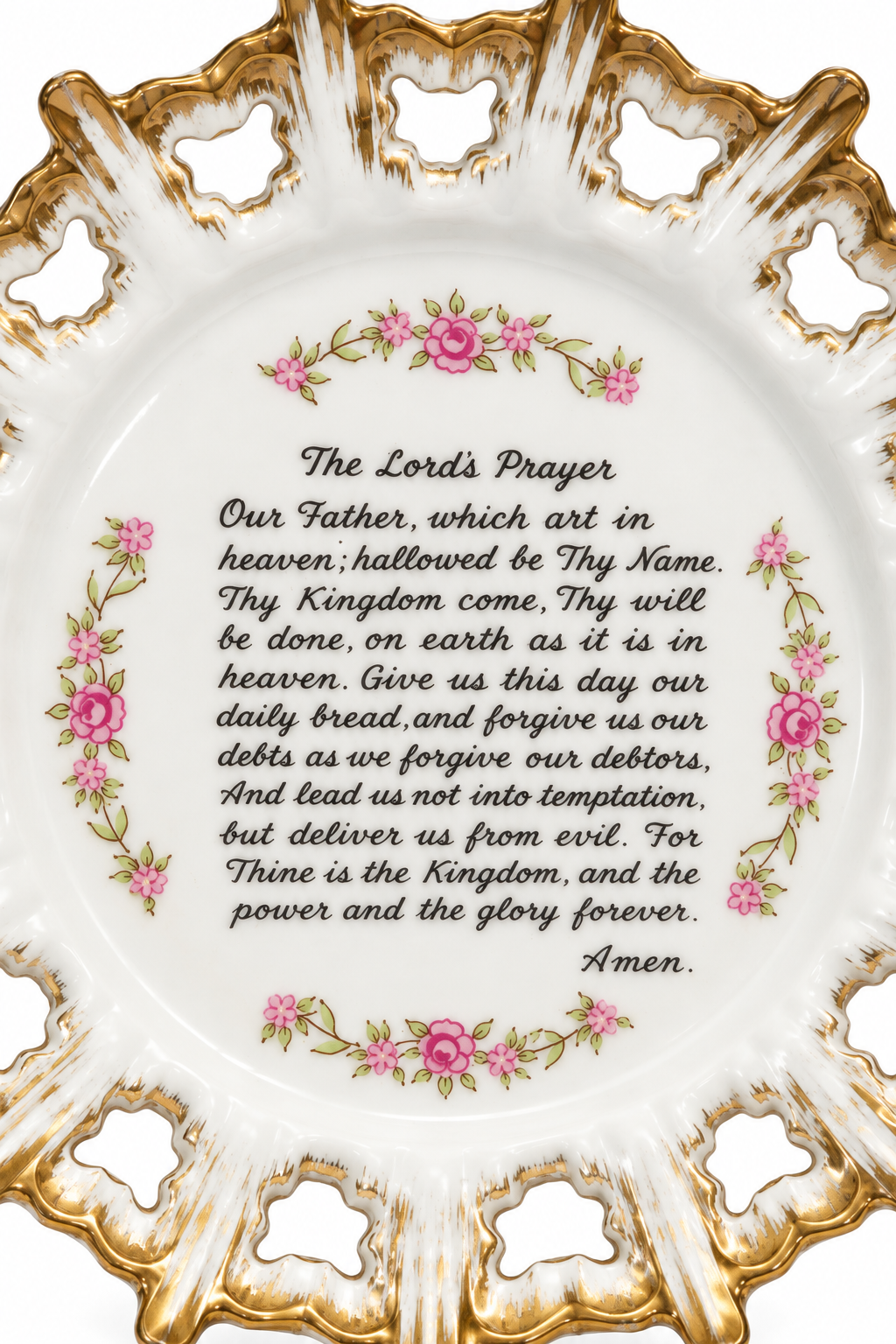 Vintage 1950s Brinn’s Lord’s Prayer Decorative Wall Plate | Pink Roses & Gold Trim – Made in Japan