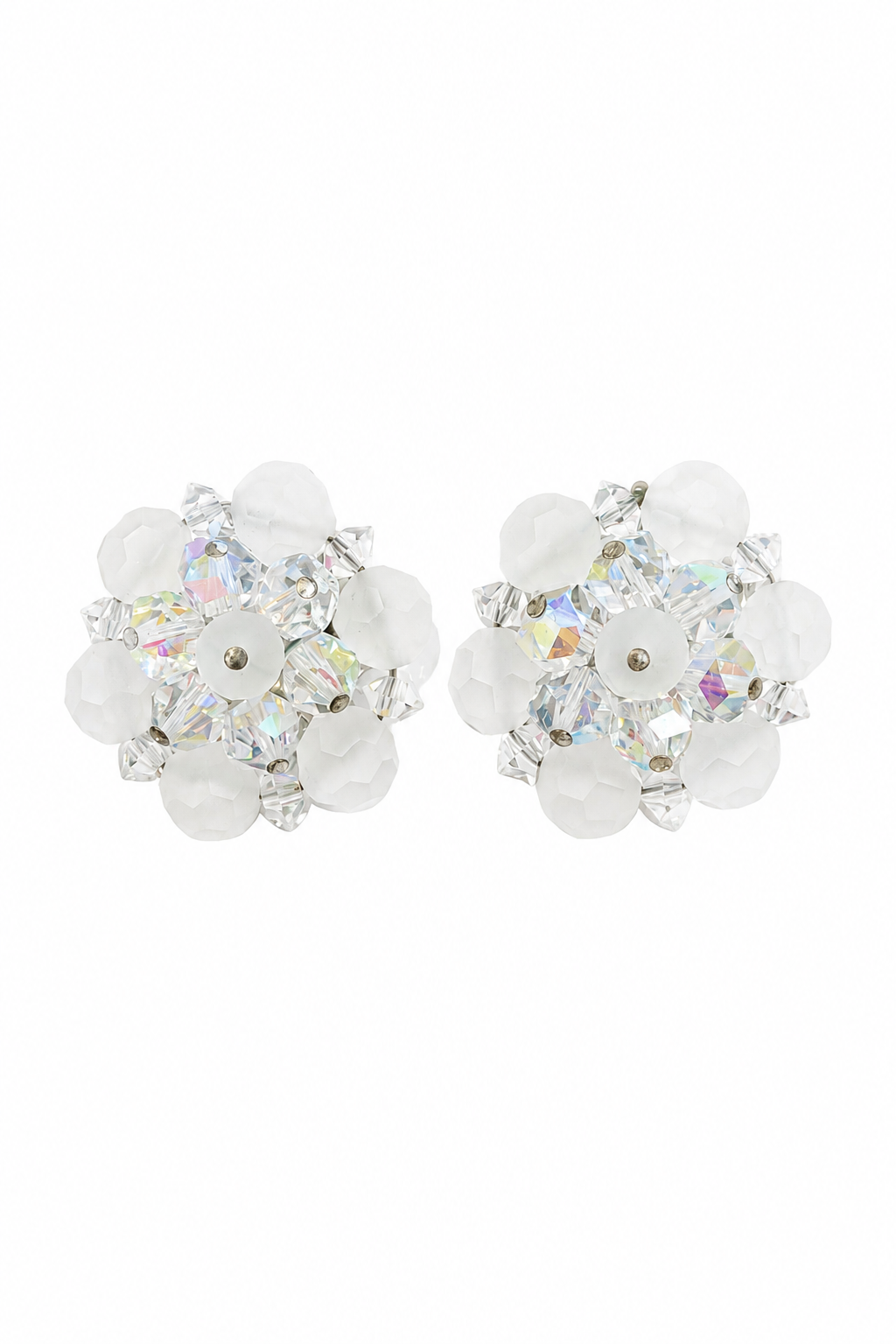 Vintage Aurora AB Crystal Clip-On Earrings | 1950s–1960s Frosted Beaded Statement Earrings