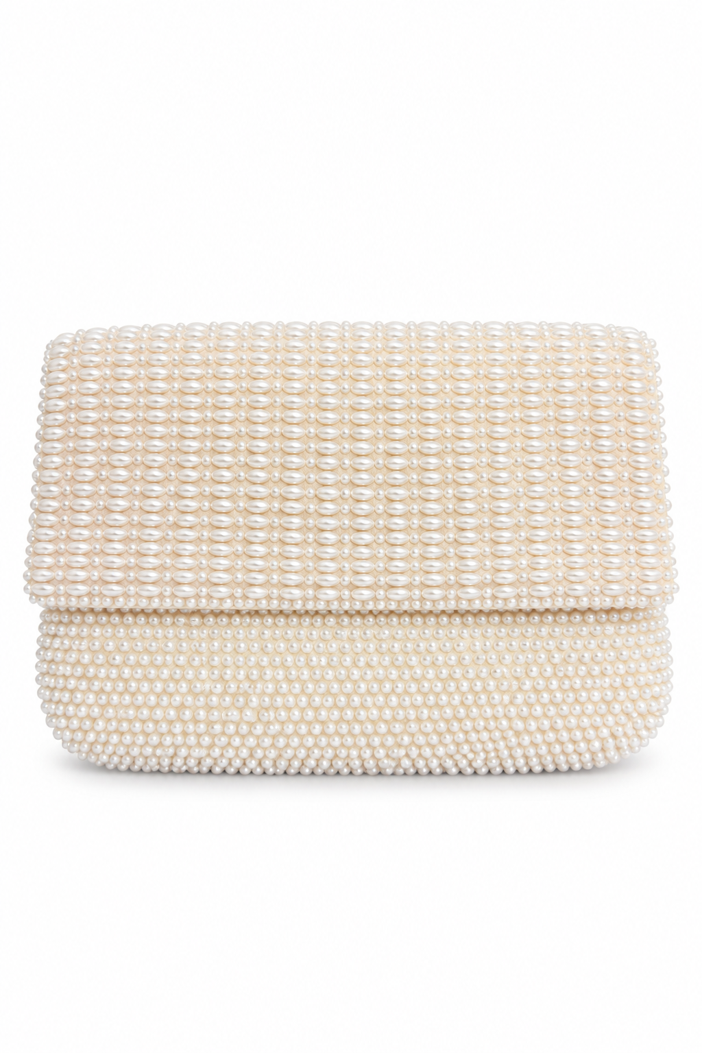 Vintage 1950s–70s Ivory Pearl Beaded Fold-Over Clutch Multi-Compartment Evening Bag