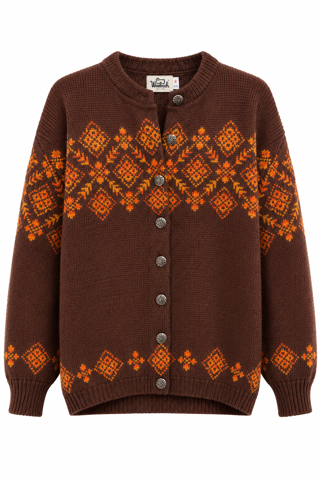 Vintage Woolrich Brown & Orange Fair Isle Knit Cardigan Sweater – Size 40 | M/L