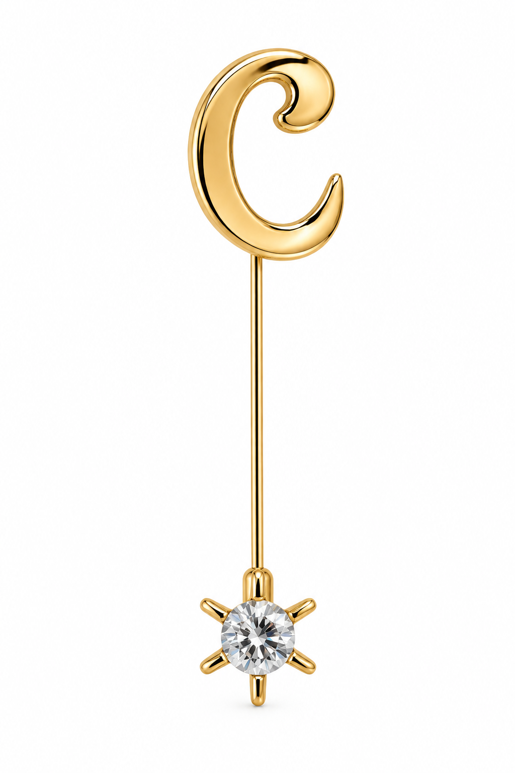 Vintage 1980s Gold-Tone Cursive Letter C Rhinestone Stick Pin Brooch